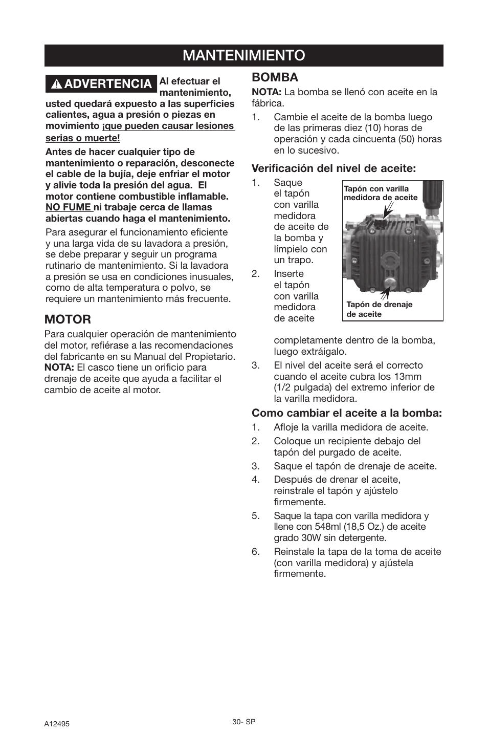 Mantenimiento, Motor, Bomba | DeVillbiss Air Power Company Pressure Wave A12495 User Manual | Page 30 / 56