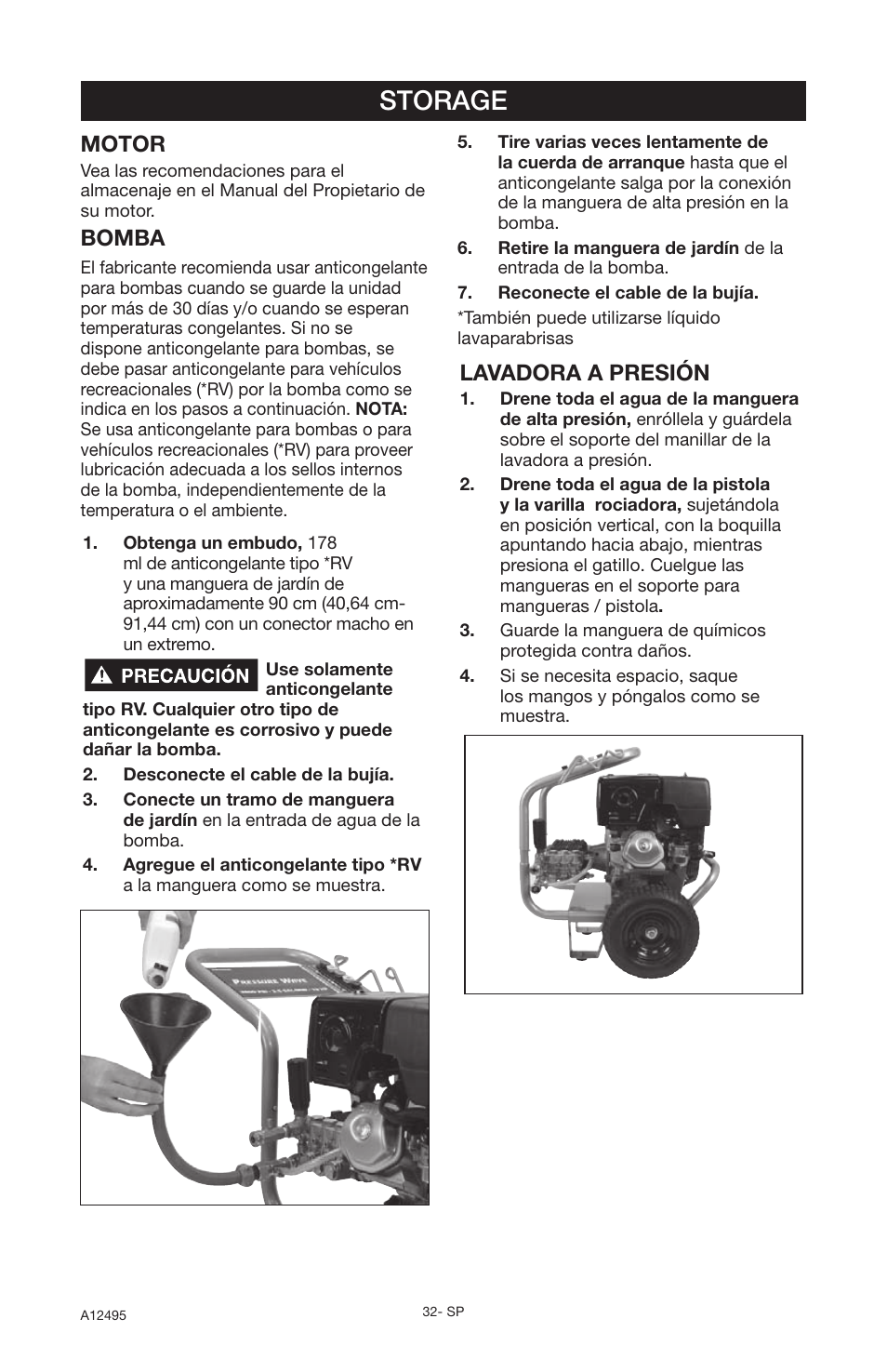 Storage, Motor, Bomba | Lavadora a presión | DeVillbiss Air Power Company Pressure Wave A12495 User Manual | Page 32 / 56