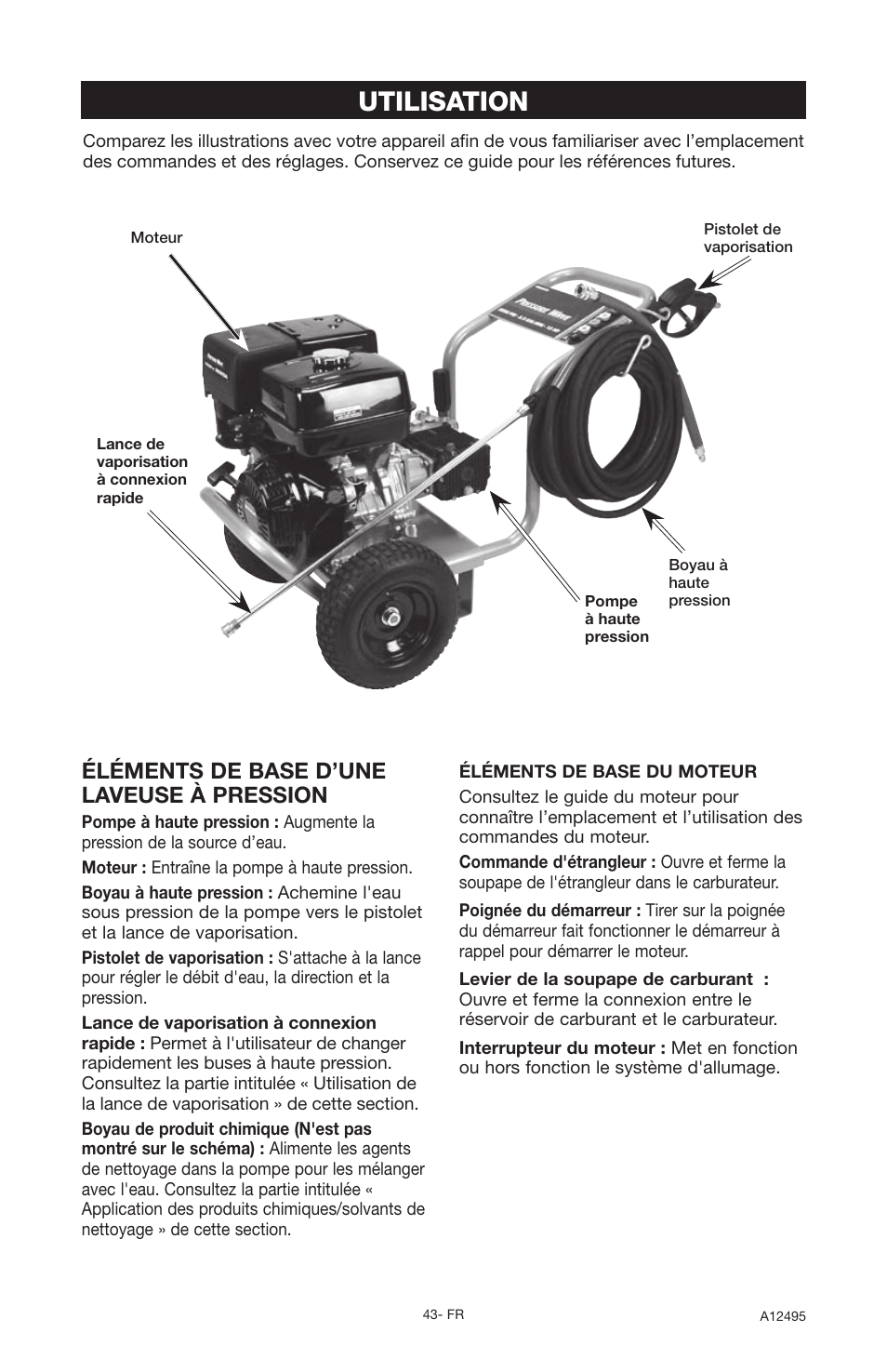 Utilisation, Éléments de base d’une laveuse à pression | DeVillbiss Air Power Company Pressure Wave A12495 User Manual | Page 43 / 56