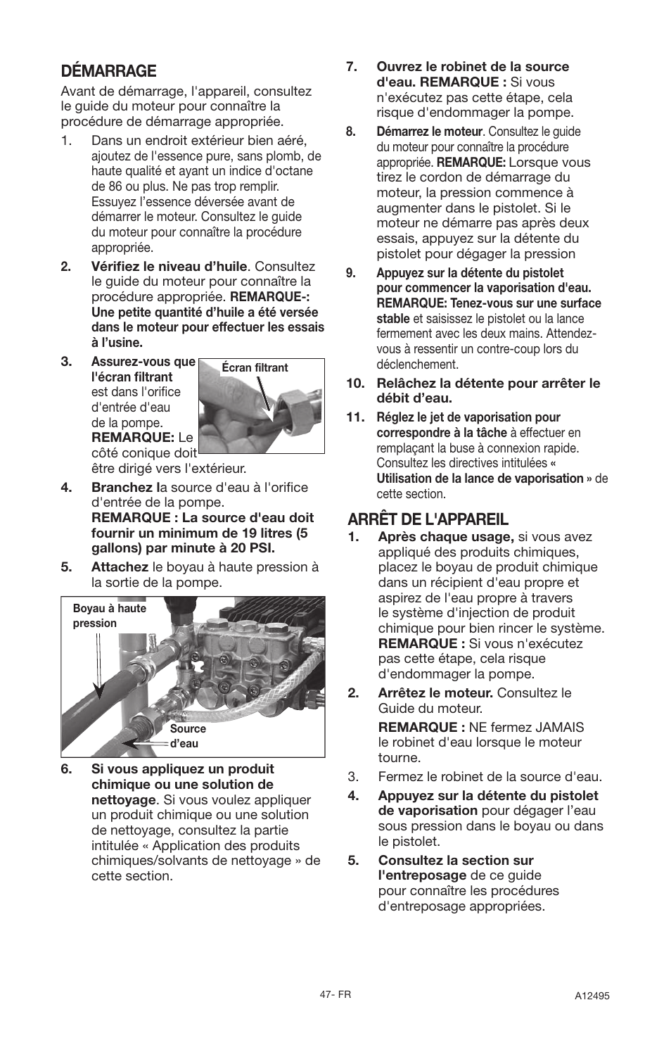 Démarrage, Arrêt de l'appareil | DeVillbiss Air Power Company Pressure Wave A12495 User Manual | Page 47 / 56