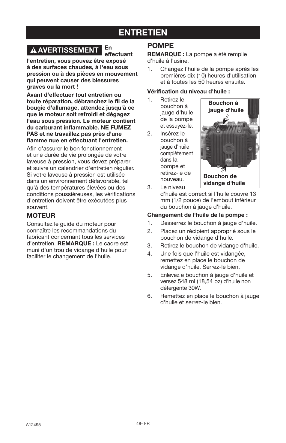 Entretien, Pompe | DeVillbiss Air Power Company Pressure Wave A12495 User Manual | Page 48 / 56