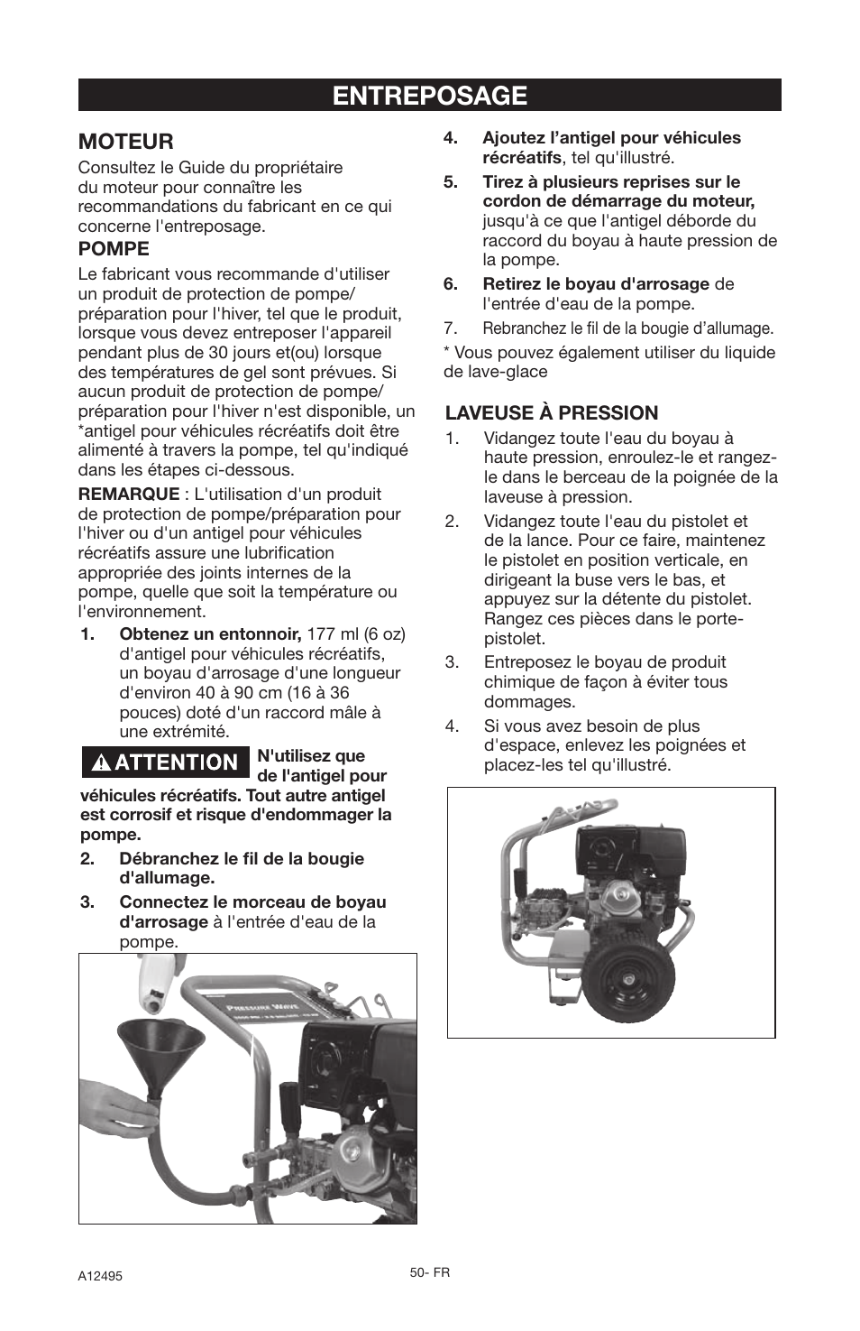 Entreposage, Moteur | DeVillbiss Air Power Company Pressure Wave A12495 User Manual | Page 50 / 56