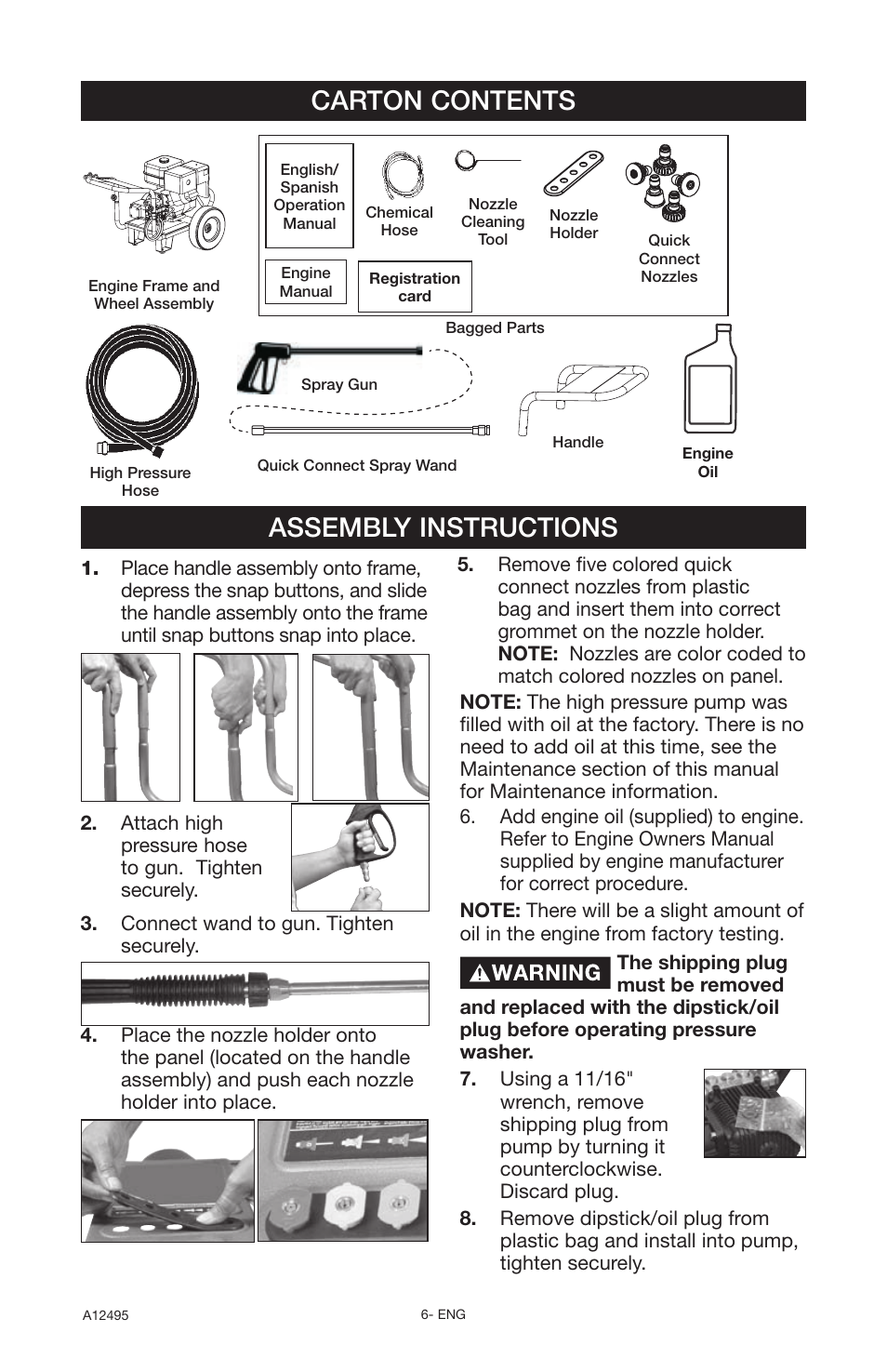 Assembly instructions, Carton contents | DeVillbiss Air Power Company Pressure Wave A12495 User Manual | Page 6 / 56