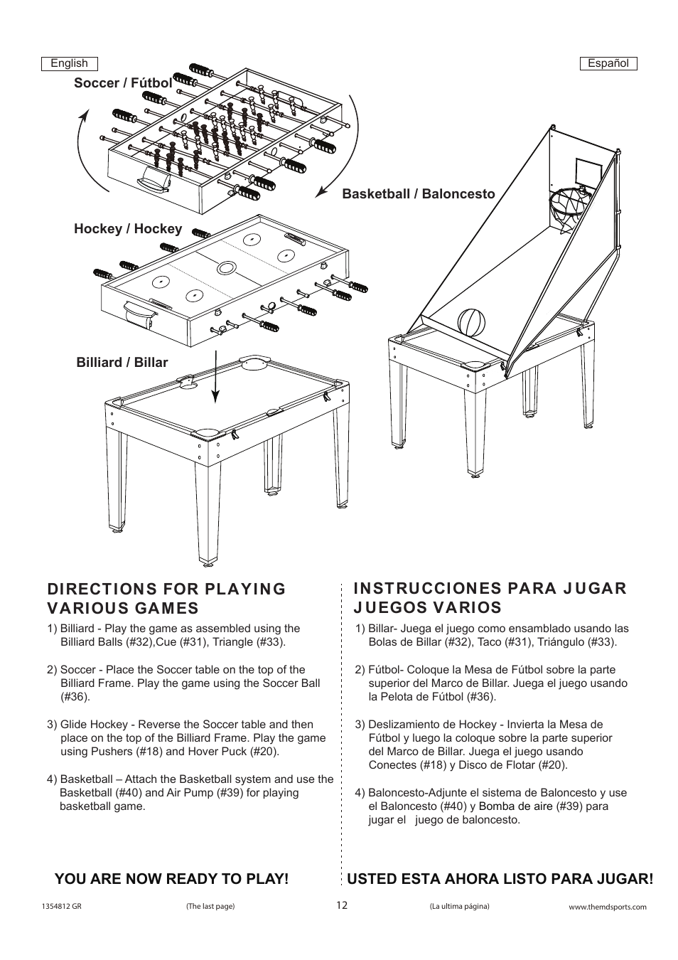 Directions for playing various games, Instrucciones para j ugar j uegos varios | Medal Sports WM.com 1354812 GR User Manual | Page 13 / 13