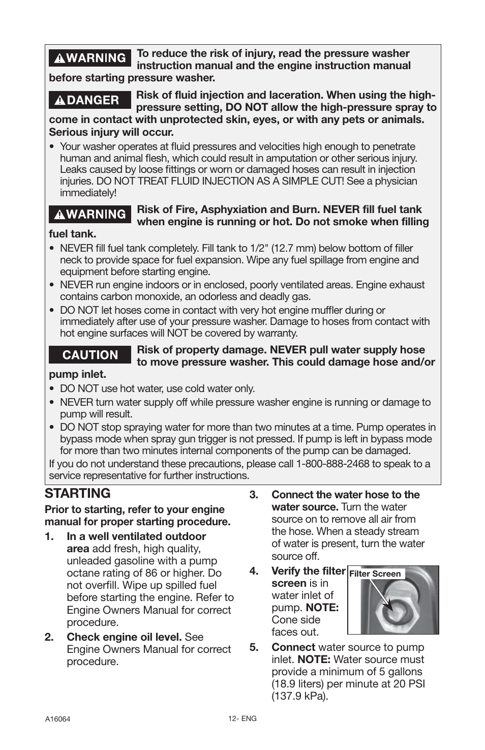 Starting | DeVillbiss Air Power Company DVH2600 User Manual | Page 12 / 56