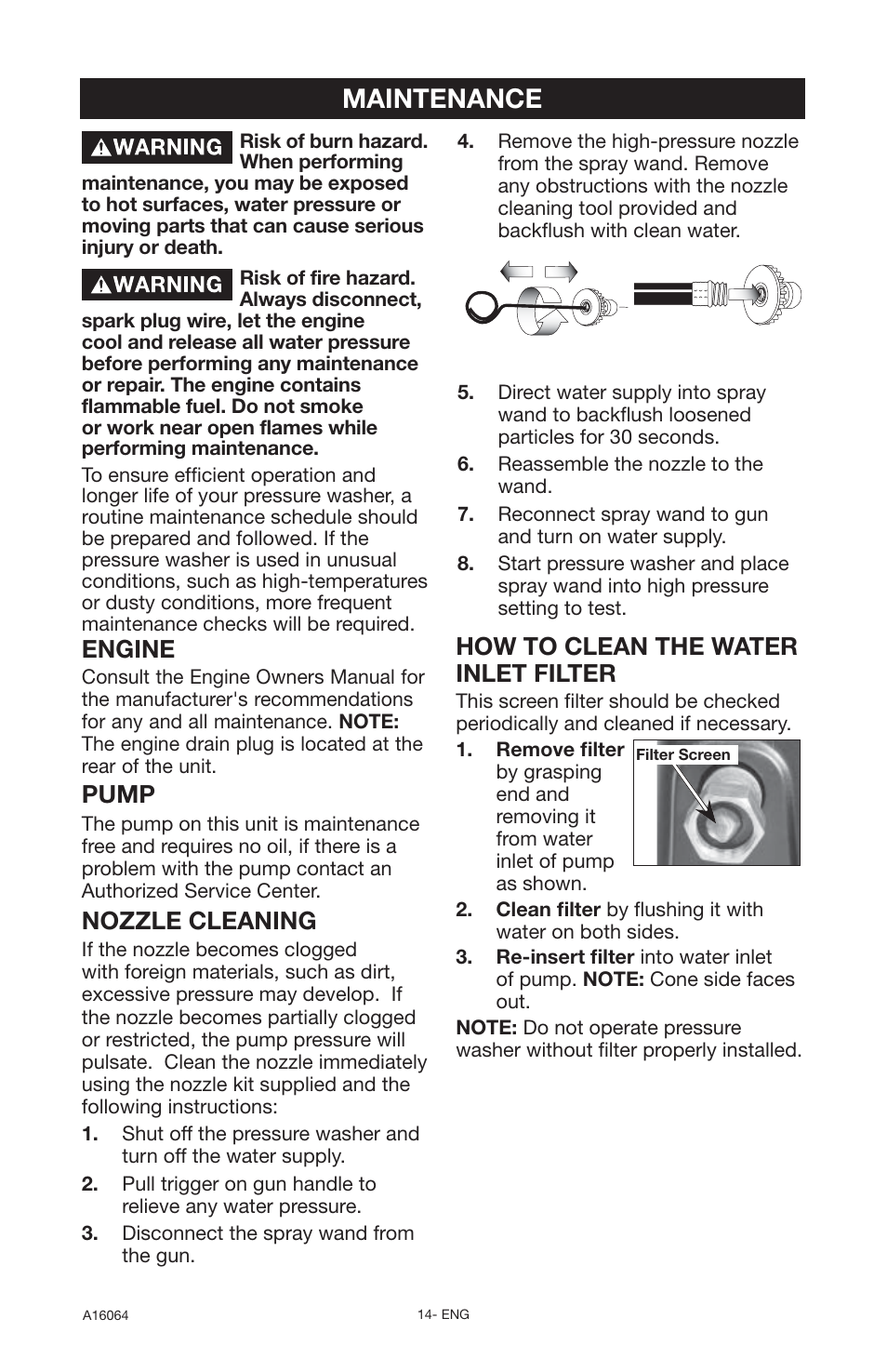 Maintenance, Engine, Pump | Nozzle cleaning, How to clean the water inlet filter | DeVillbiss Air Power Company DVH2600 User Manual | Page 14 / 56