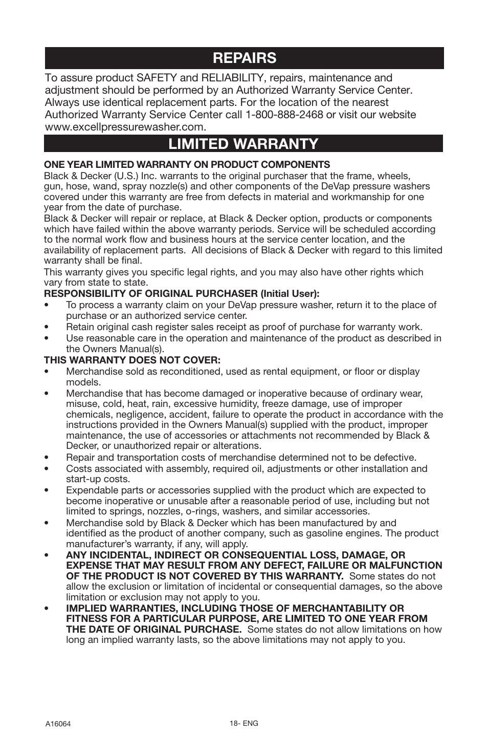 Repairs, Limited warranty | DeVillbiss Air Power Company DVH2600 User Manual | Page 18 / 56