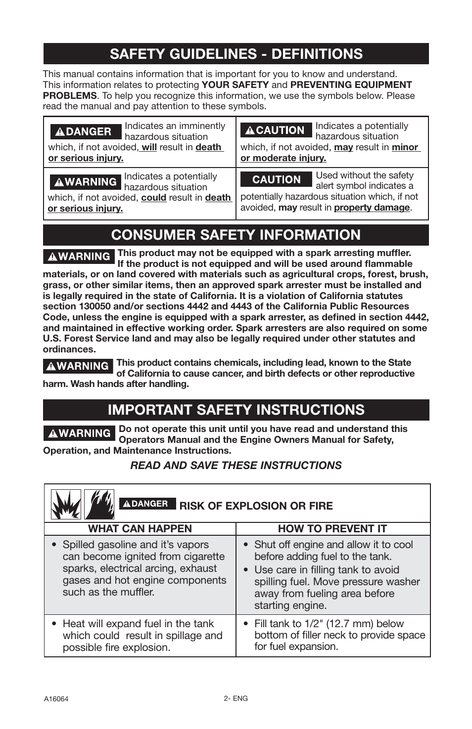 Important safety instructions | DeVillbiss Air Power Company DVH2600 User Manual | Page 2 / 56