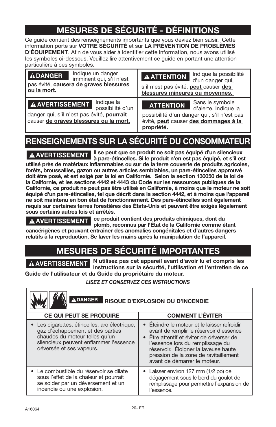 Mesures de sécurité importantes | DeVillbiss Air Power Company DVH2600 User Manual | Page 20 / 56