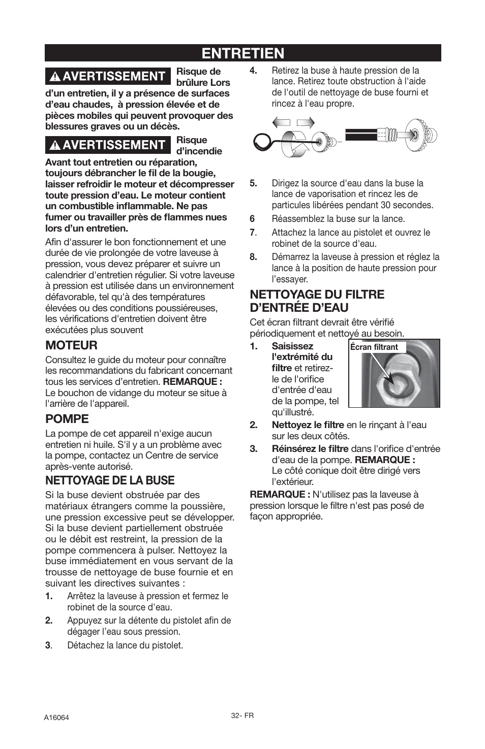 Entretien, Nettoyage du filtre d’entrée d’eau, Moteur | Pompe, Nettoyage de la buse | DeVillbiss Air Power Company DVH2600 User Manual | Page 32 / 56