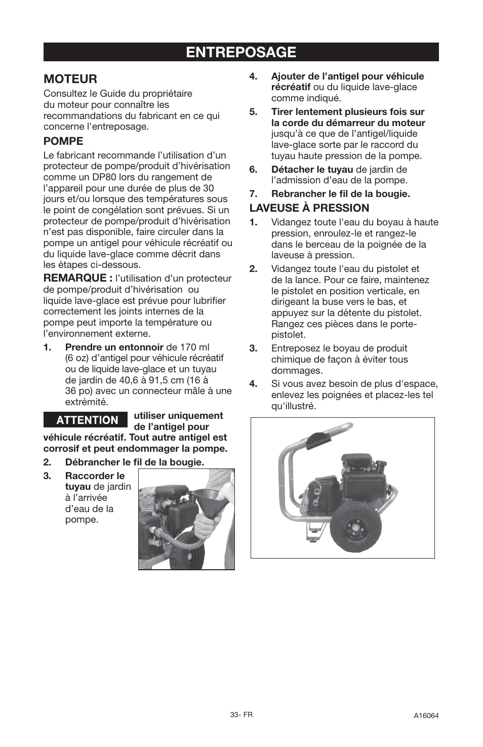 Entreposage, Moteur | DeVillbiss Air Power Company DVH2600 User Manual | Page 33 / 56