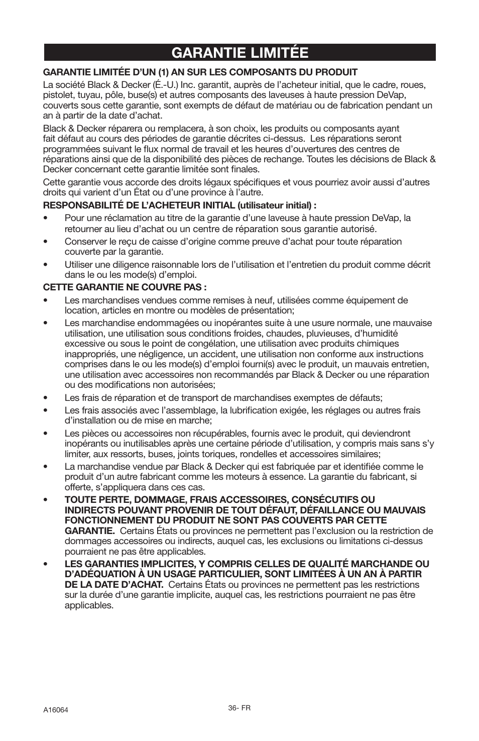 Garantie limitée | DeVillbiss Air Power Company DVH2600 User Manual | Page 36 / 56