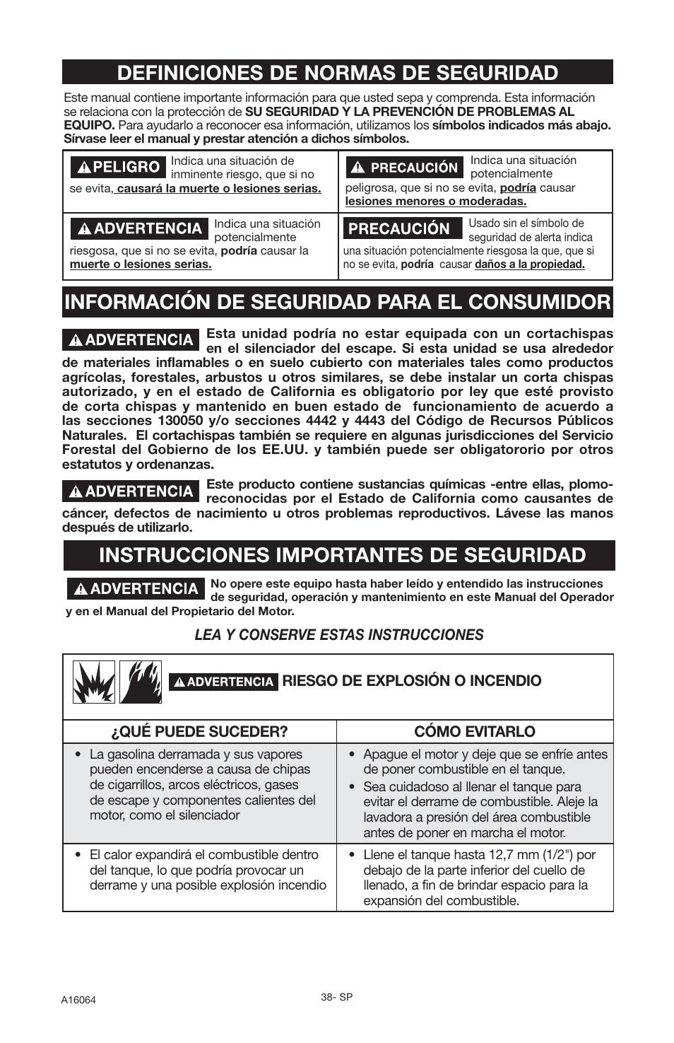 Instrucciones importantes de seguridad, Información de seguridad para el consumidor, Definiciones de normas de seguridad | DeVillbiss Air Power Company DVH2600 User Manual | Page 38 / 56