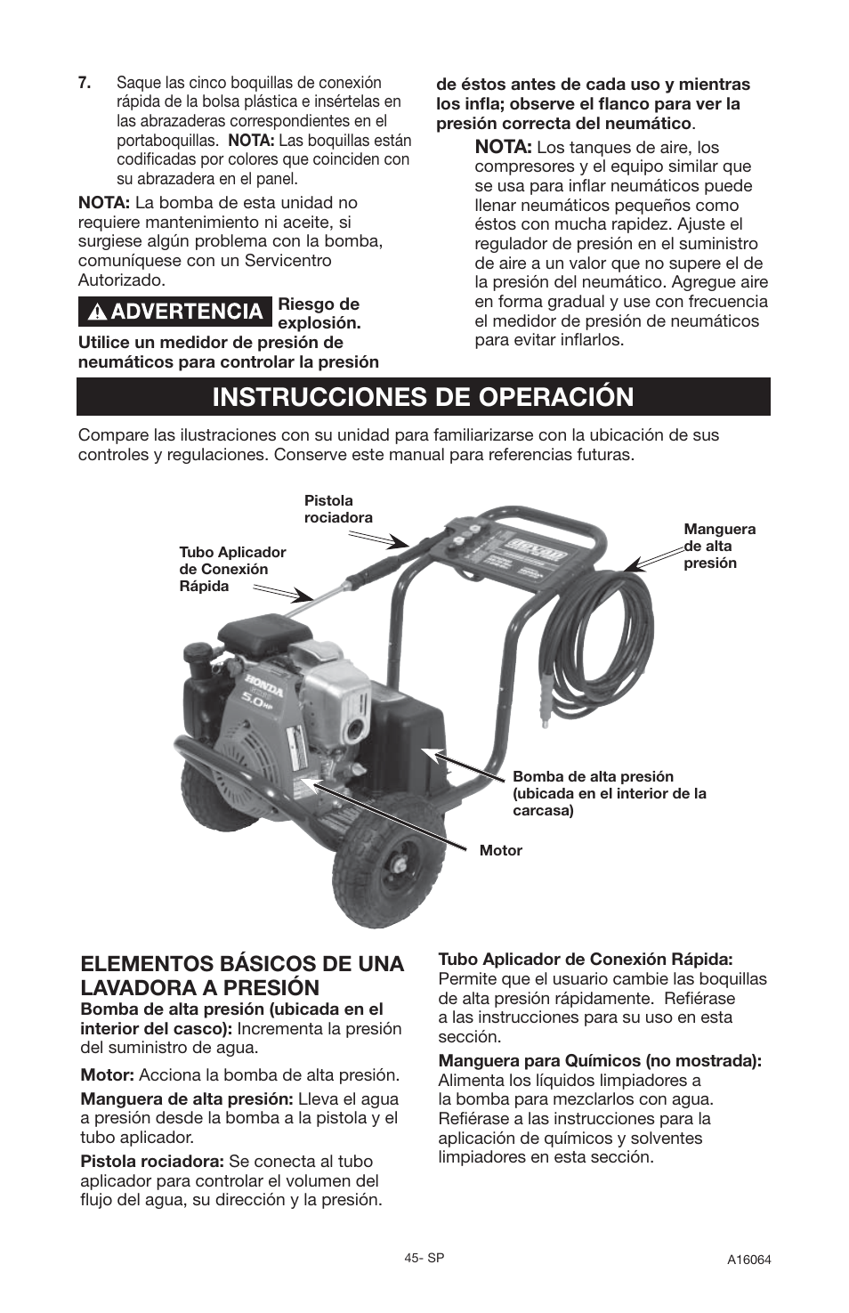 Instrucciones de operación, Elementos básicos de una lavadora a presión | DeVillbiss Air Power Company DVH2600 User Manual | Page 45 / 56