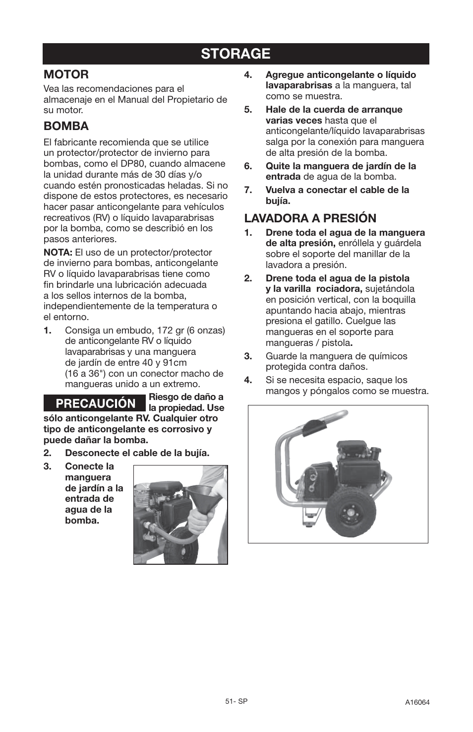 Storage, Motor, Bomba | Lavadora a presión | DeVillbiss Air Power Company DVH2600 User Manual | Page 51 / 56