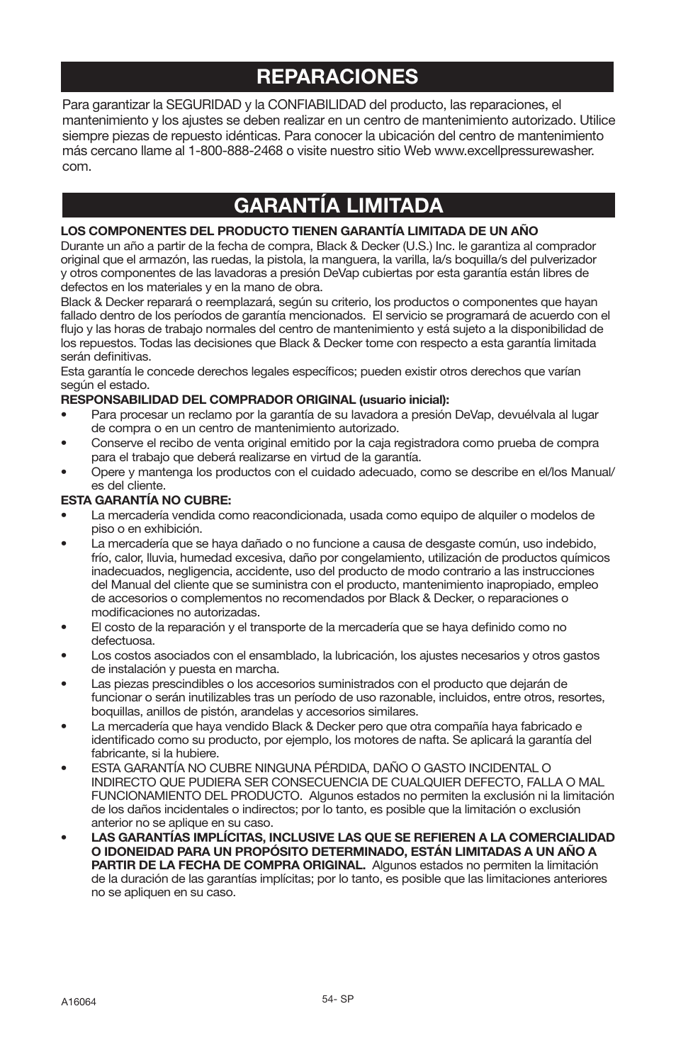 Reparaciones, Garantía limitada | DeVillbiss Air Power Company DVH2600 User Manual | Page 54 / 56