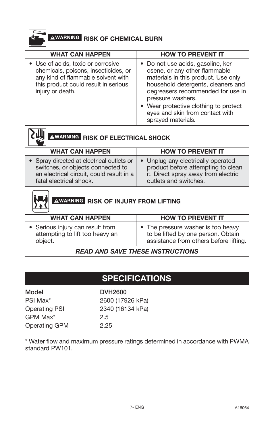 Specifications | DeVillbiss Air Power Company DVH2600 User Manual | Page 7 / 56