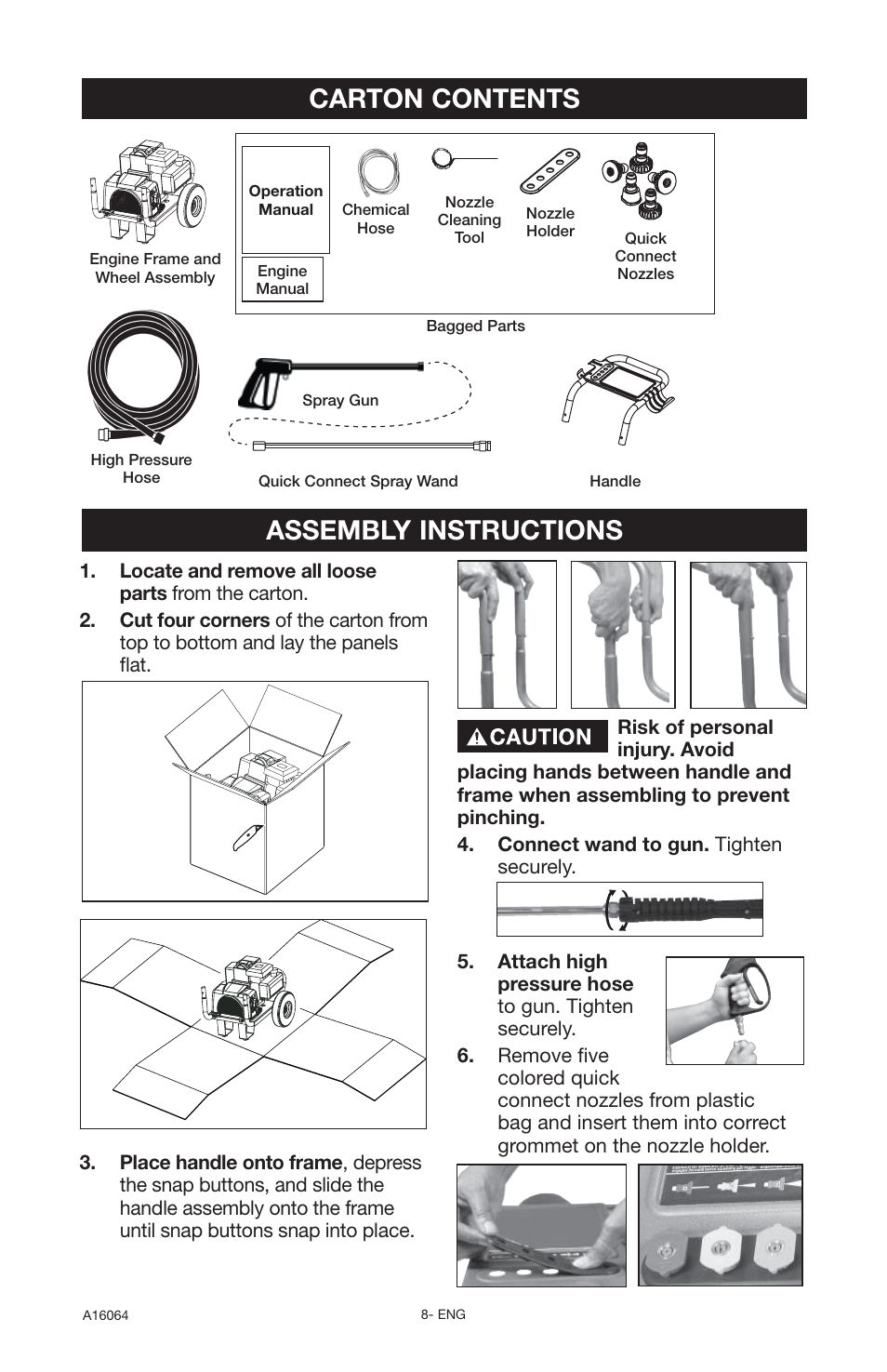 Assembly instructions carton contents | DeVillbiss Air Power Company DVH2600 User Manual | Page 8 / 56