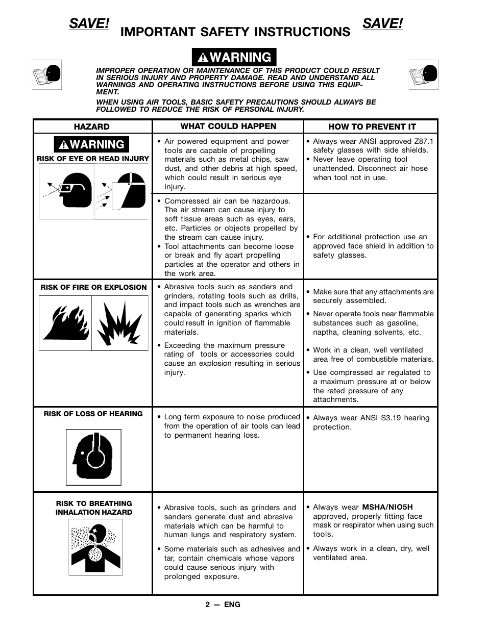 Save, Important safety instructions | DeVillbiss Air Power Company MGAT-1 User Manual | Page 2 / 12