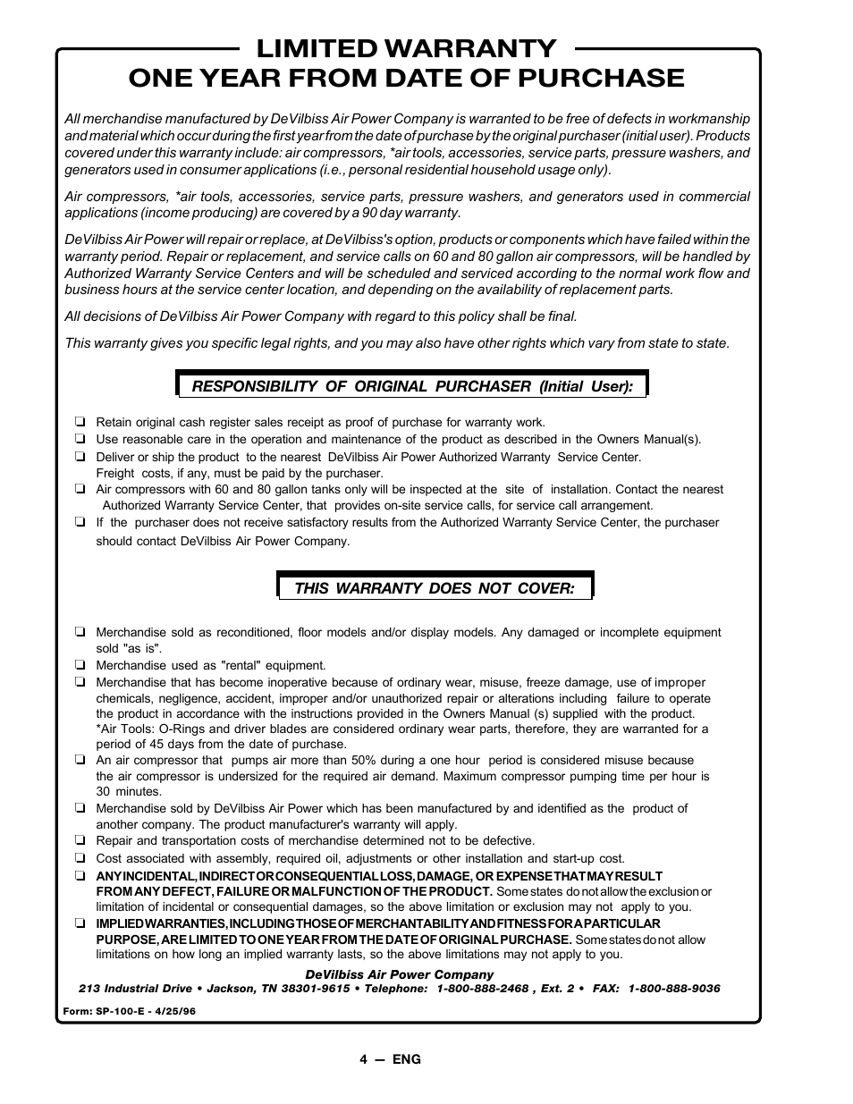 Limited warranty one year from date of purchase | DeVillbiss Air Power Company MGAT-1 User Manual | Page 4 / 12