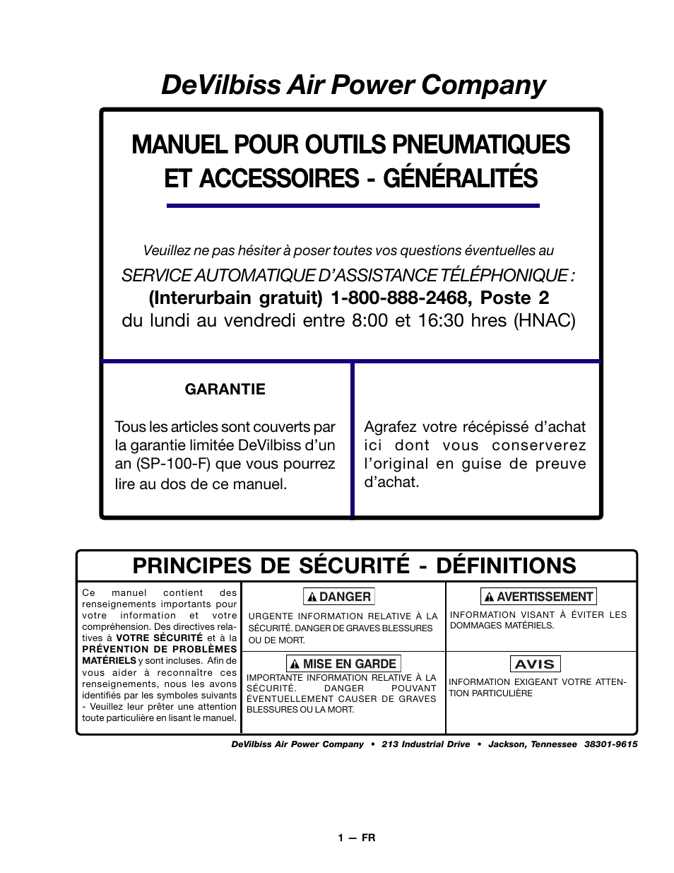 Devilbiss air power company, Principes de sécurité - définitions | DeVillbiss Air Power Company MGAT-1 User Manual | Page 5 / 12