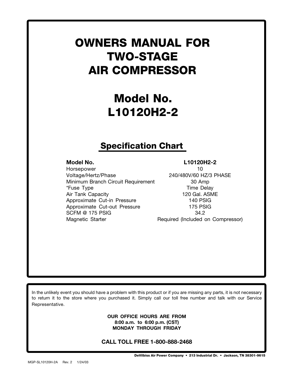 DeVillbiss Air Power Company MGP-SL10120H-2A User Manual | 56 pages