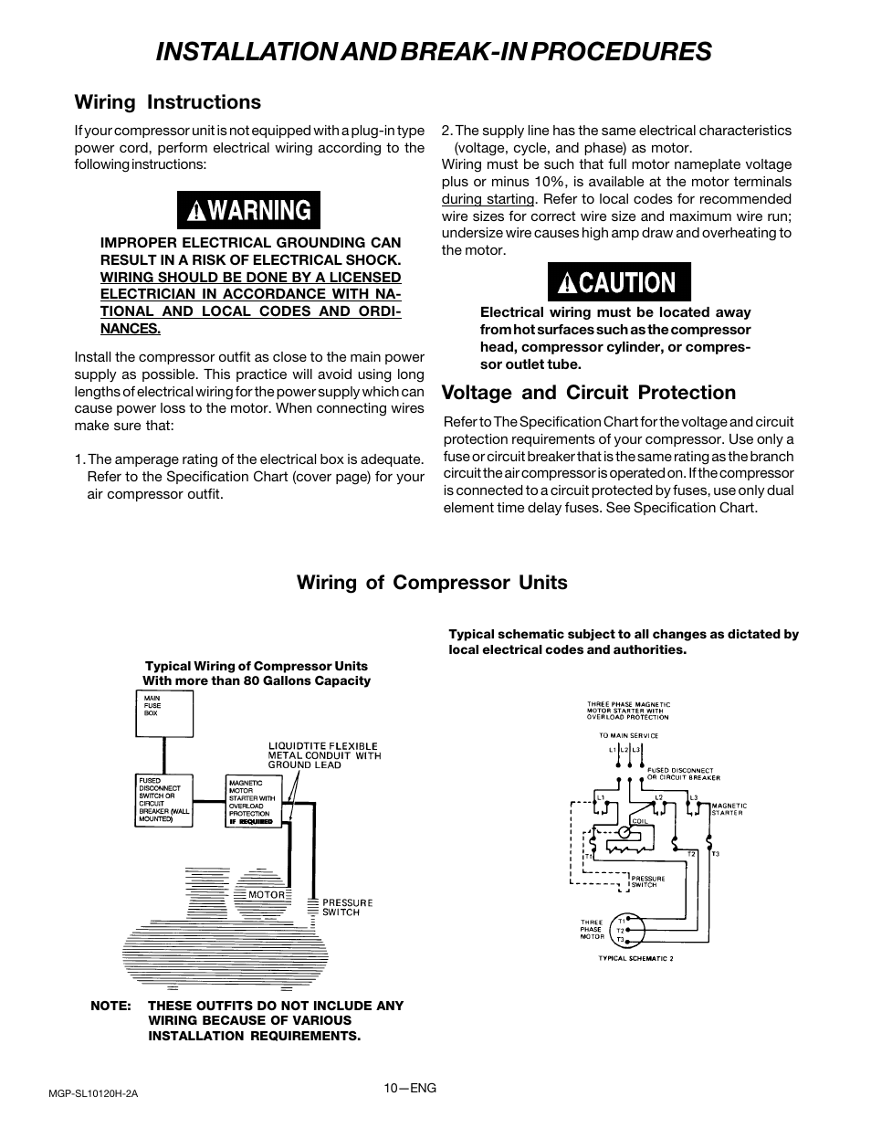 Installation and break-in procedures, Wiring instructions, Voltage and circuit protection | Wiring of compressor units | DeVillbiss Air Power Company MGP-SL10120H-2A User Manual | Page 10 / 56