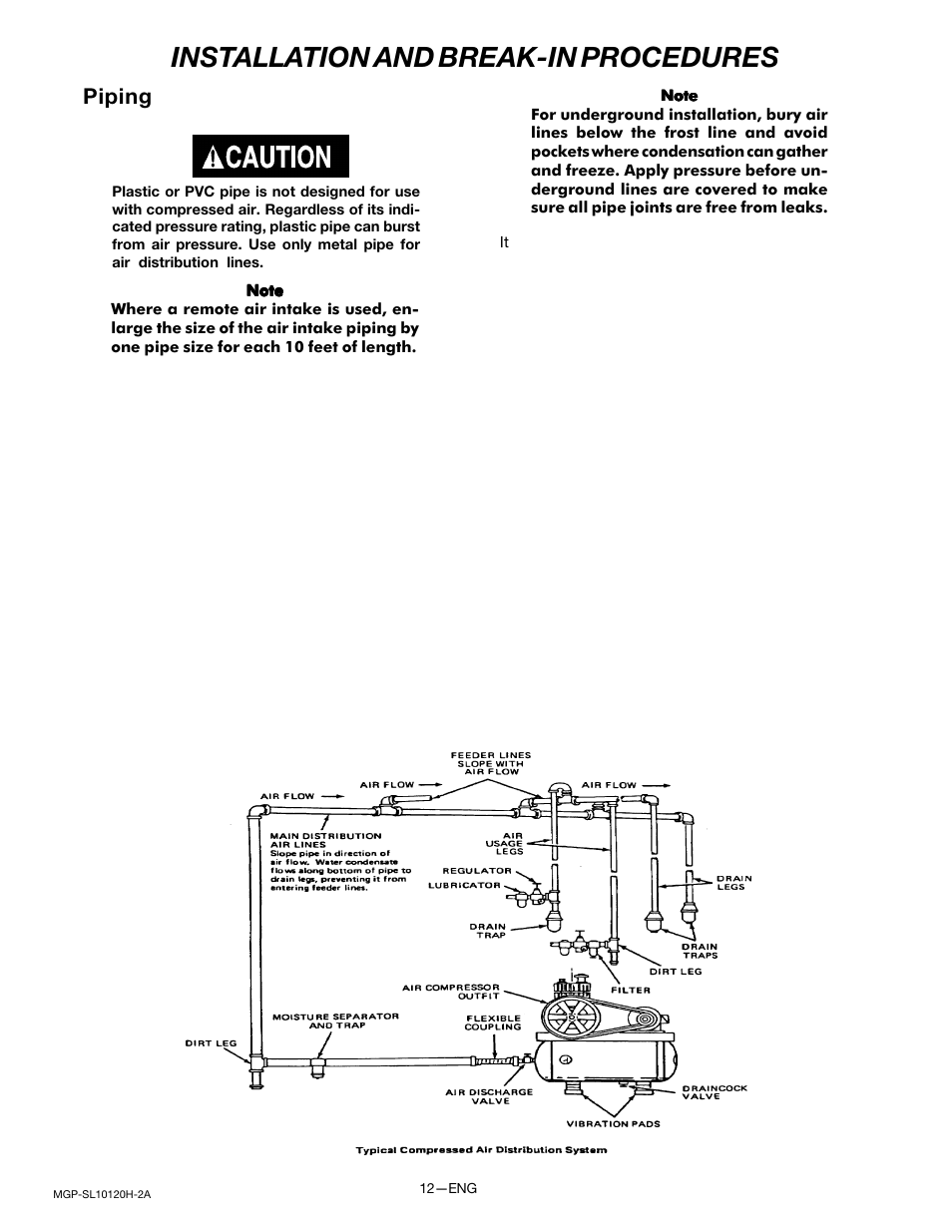 Installation and break-in procedures, Piping | DeVillbiss Air Power Company MGP-SL10120H-2A User Manual | Page 12 / 56