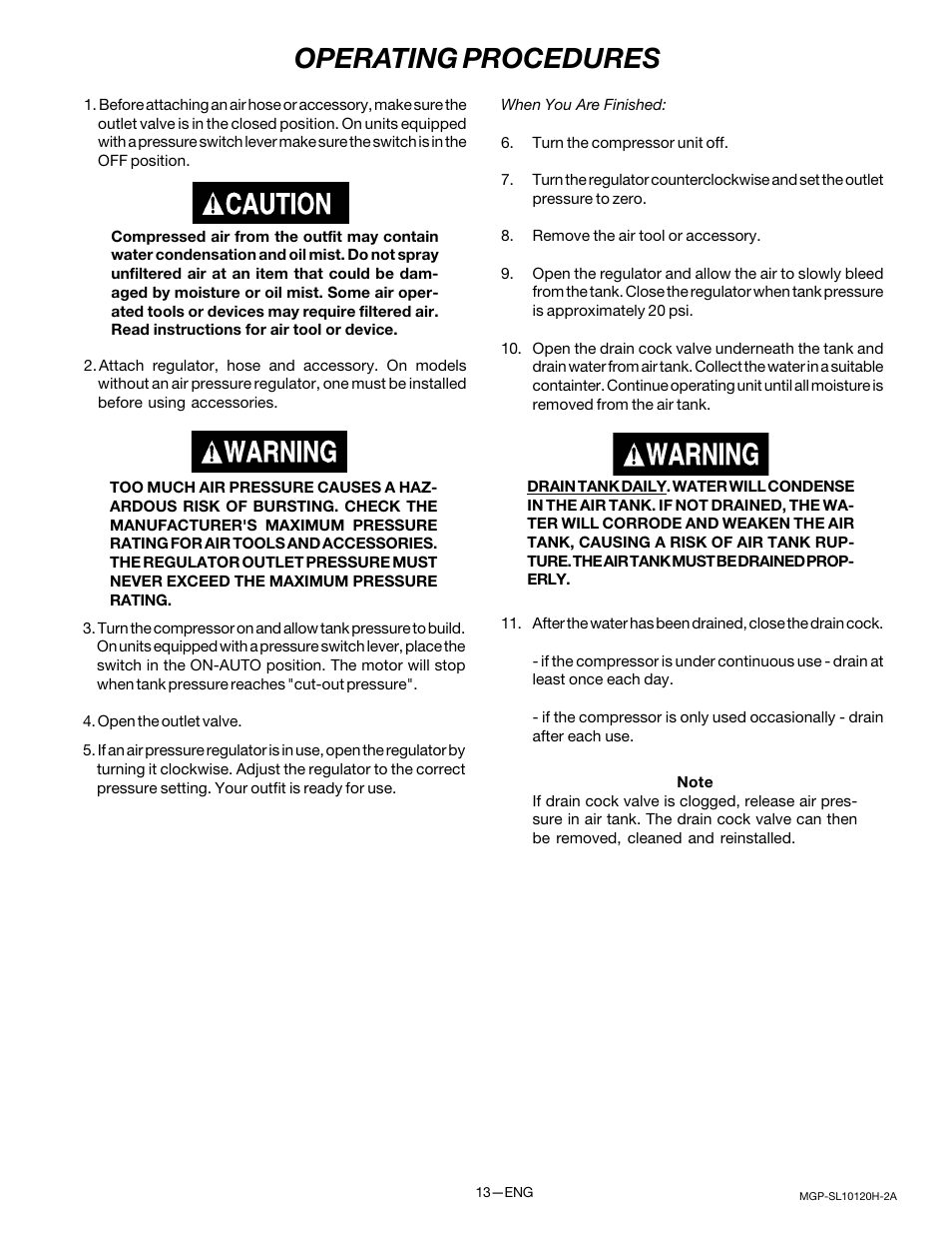 Operating procedures | DeVillbiss Air Power Company MGP-SL10120H-2A User Manual | Page 13 / 56