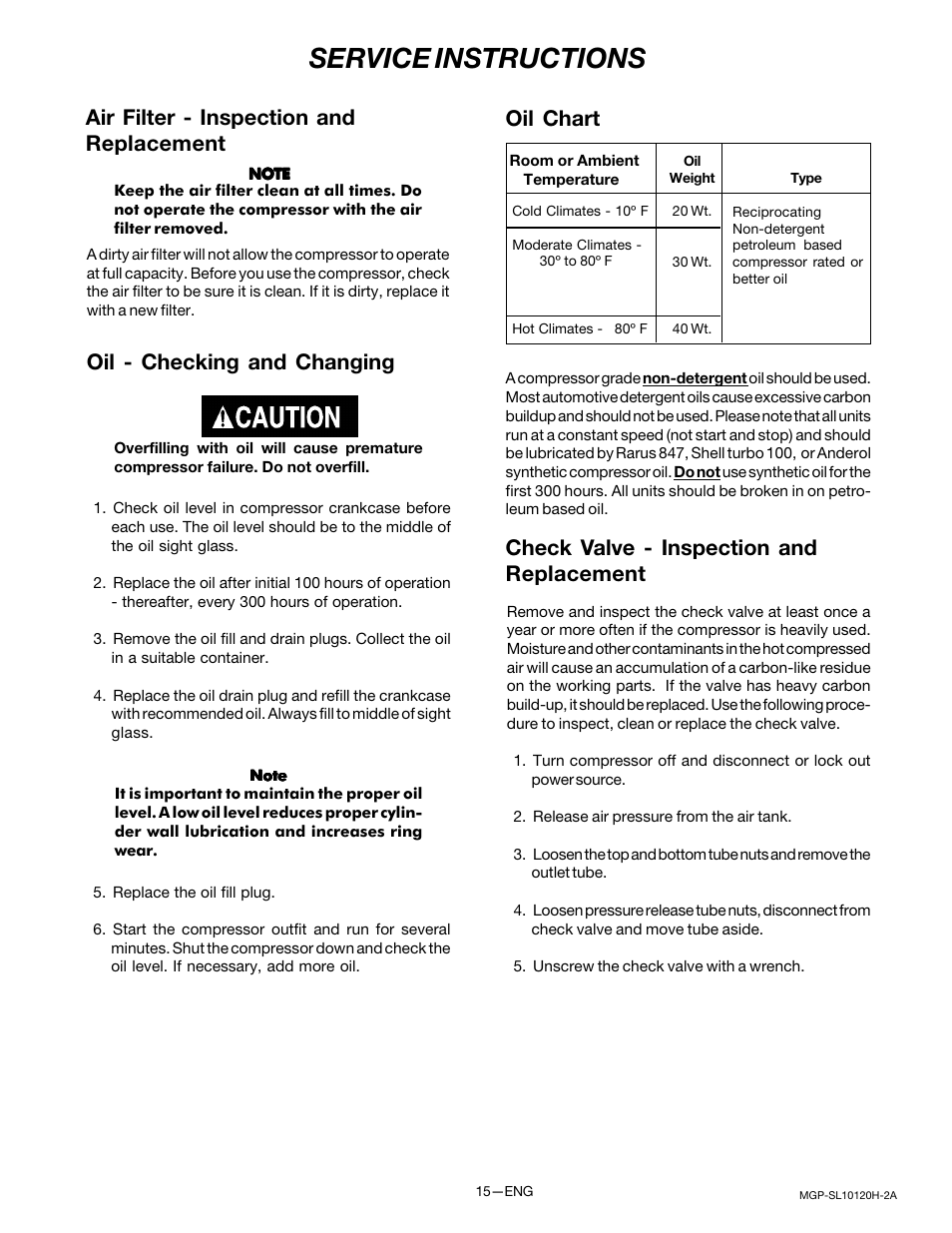 Service instructions, Air filter - inspection and replacement, Oil - checking and changing | Oil chart, Check valve - inspection and replacement | DeVillbiss Air Power Company MGP-SL10120H-2A User Manual | Page 15 / 56