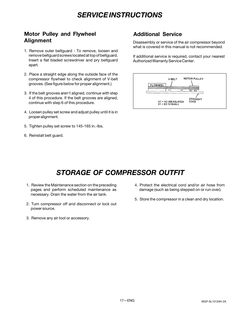Service instructions, Storage of compressor outfit, Motor pulley and flywheel alignment | Additional service | DeVillbiss Air Power Company MGP-SL10120H-2A User Manual | Page 17 / 56