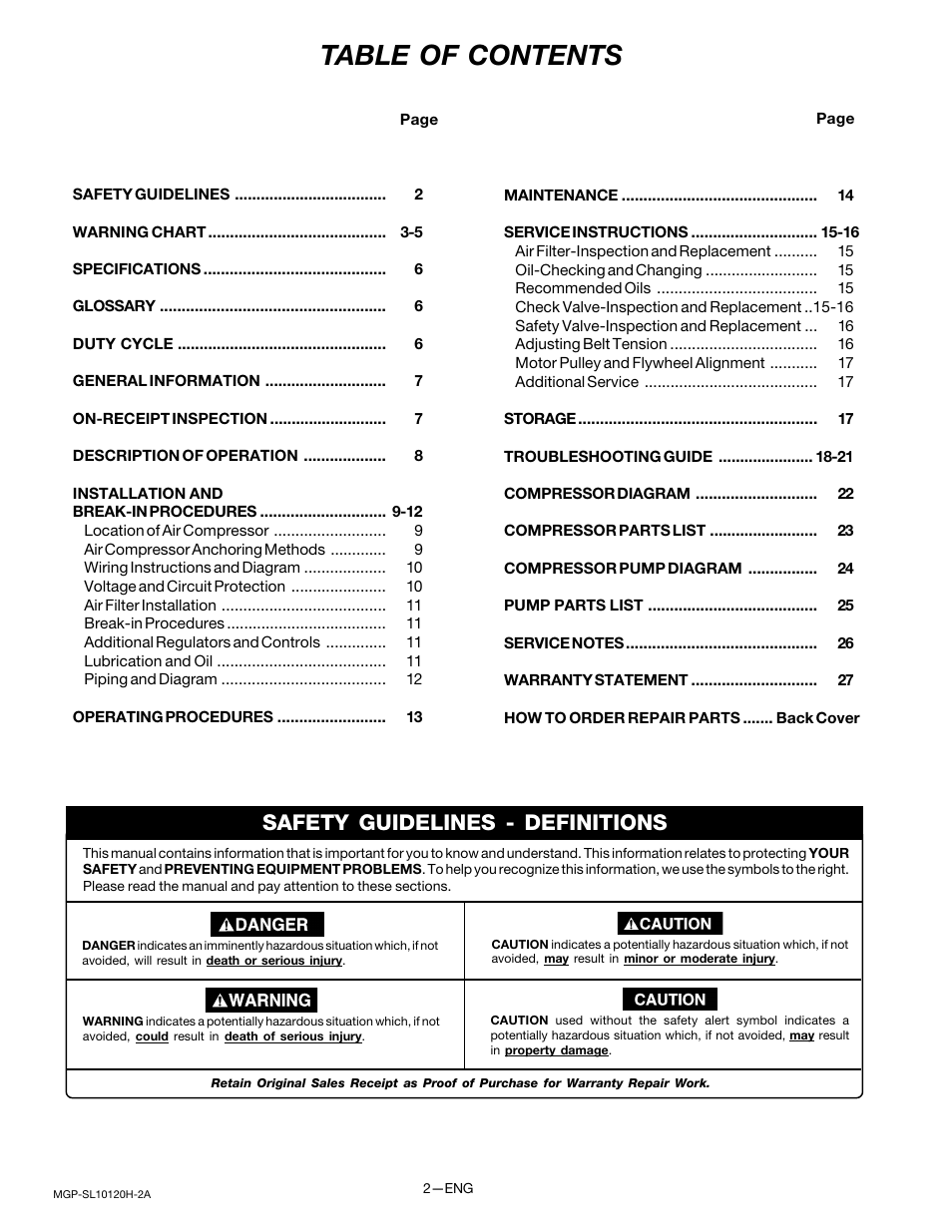 DeVillbiss Air Power Company MGP-SL10120H-2A User Manual | Page 2 / 56