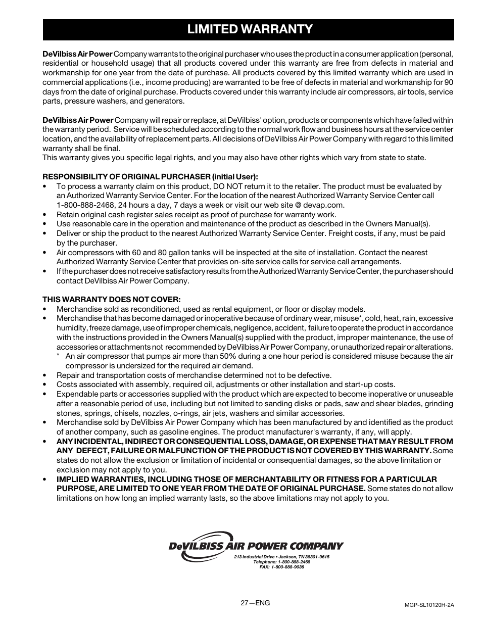 Limited warranty | DeVillbiss Air Power Company MGP-SL10120H-2A User Manual | Page 27 / 56