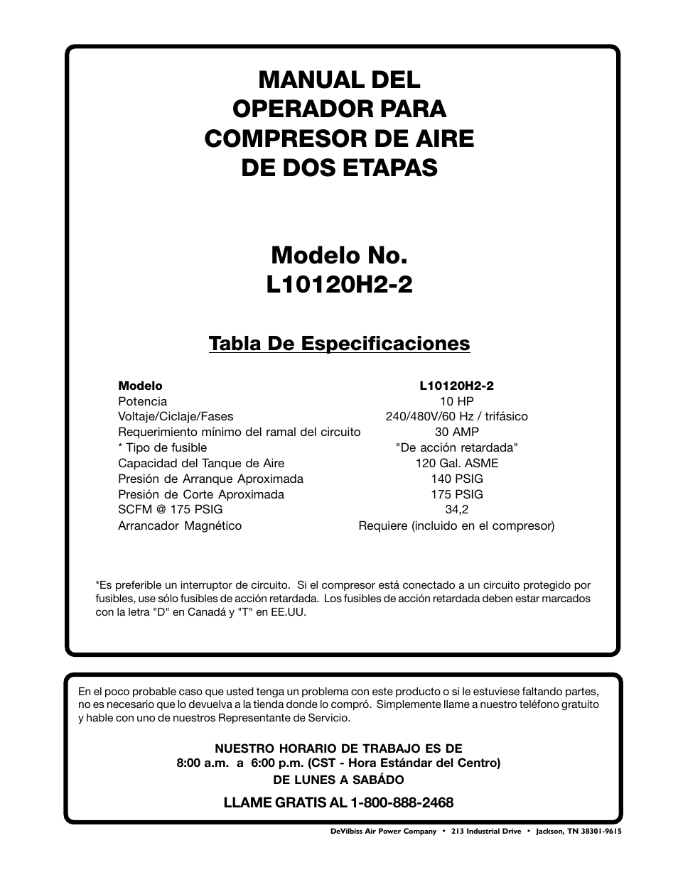 Tabla de especificaciones | DeVillbiss Air Power Company MGP-SL10120H-2A User Manual | Page 29 / 56