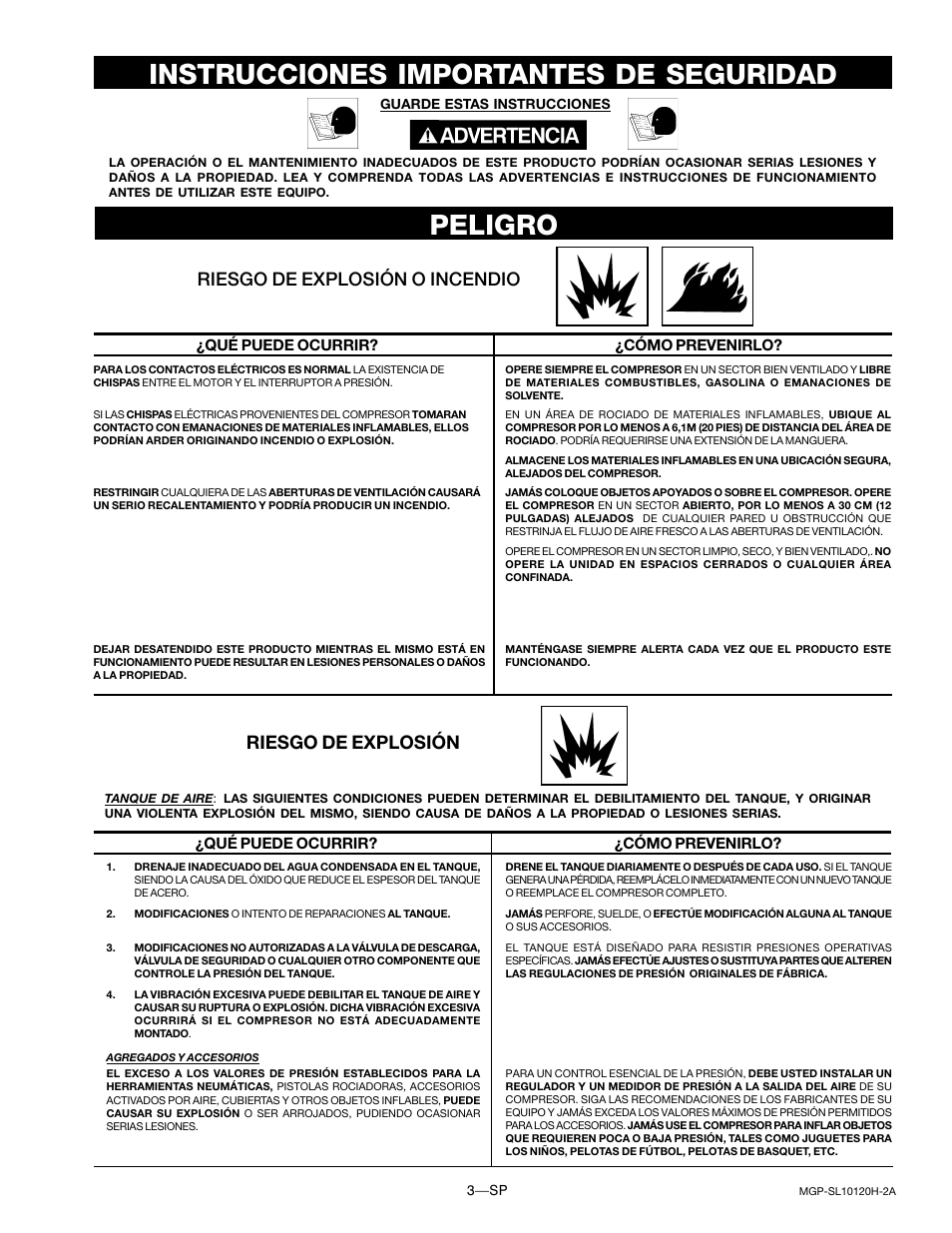 Peligro, Instrucciones importantes de seguridad, Riesgo de explosión | Riesgo de explosión o incendio | DeVillbiss Air Power Company MGP-SL10120H-2A User Manual | Page 31 / 56