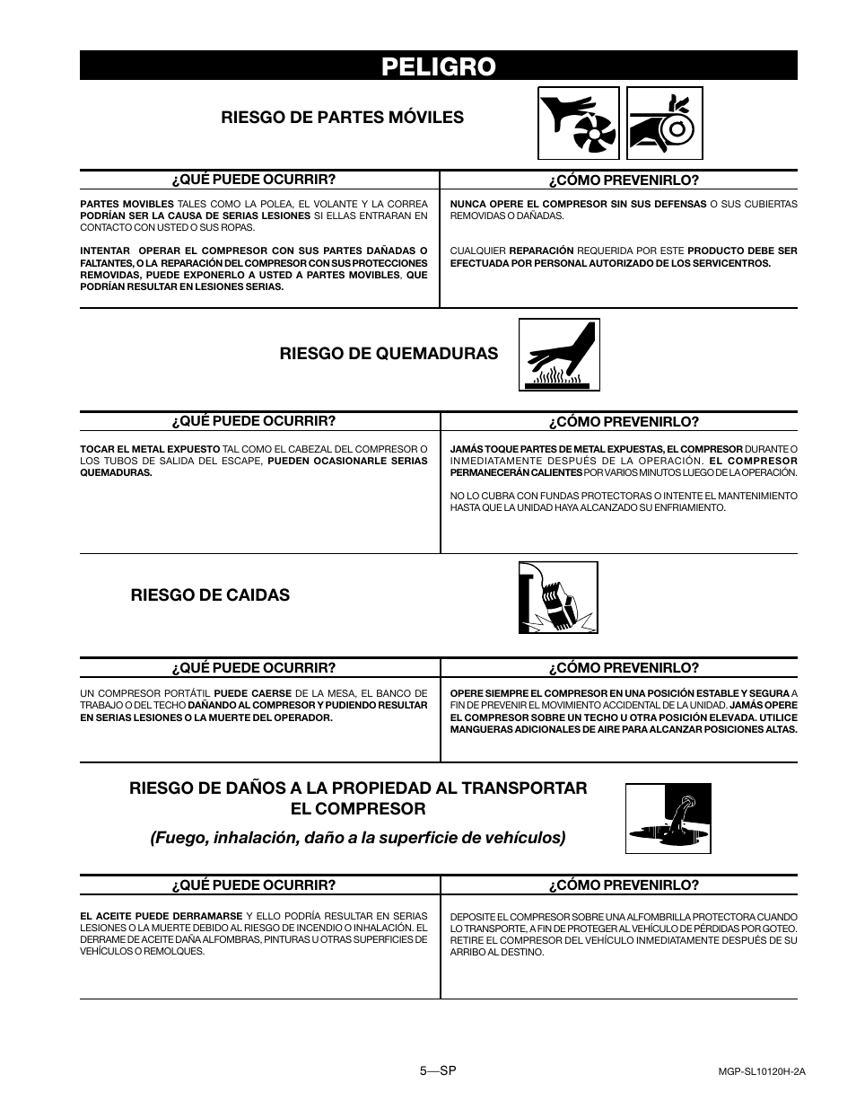 Peligro, Riesgo de partes móviles, Riesgo de caidas | DeVillbiss Air Power Company MGP-SL10120H-2A User Manual | Page 33 / 56