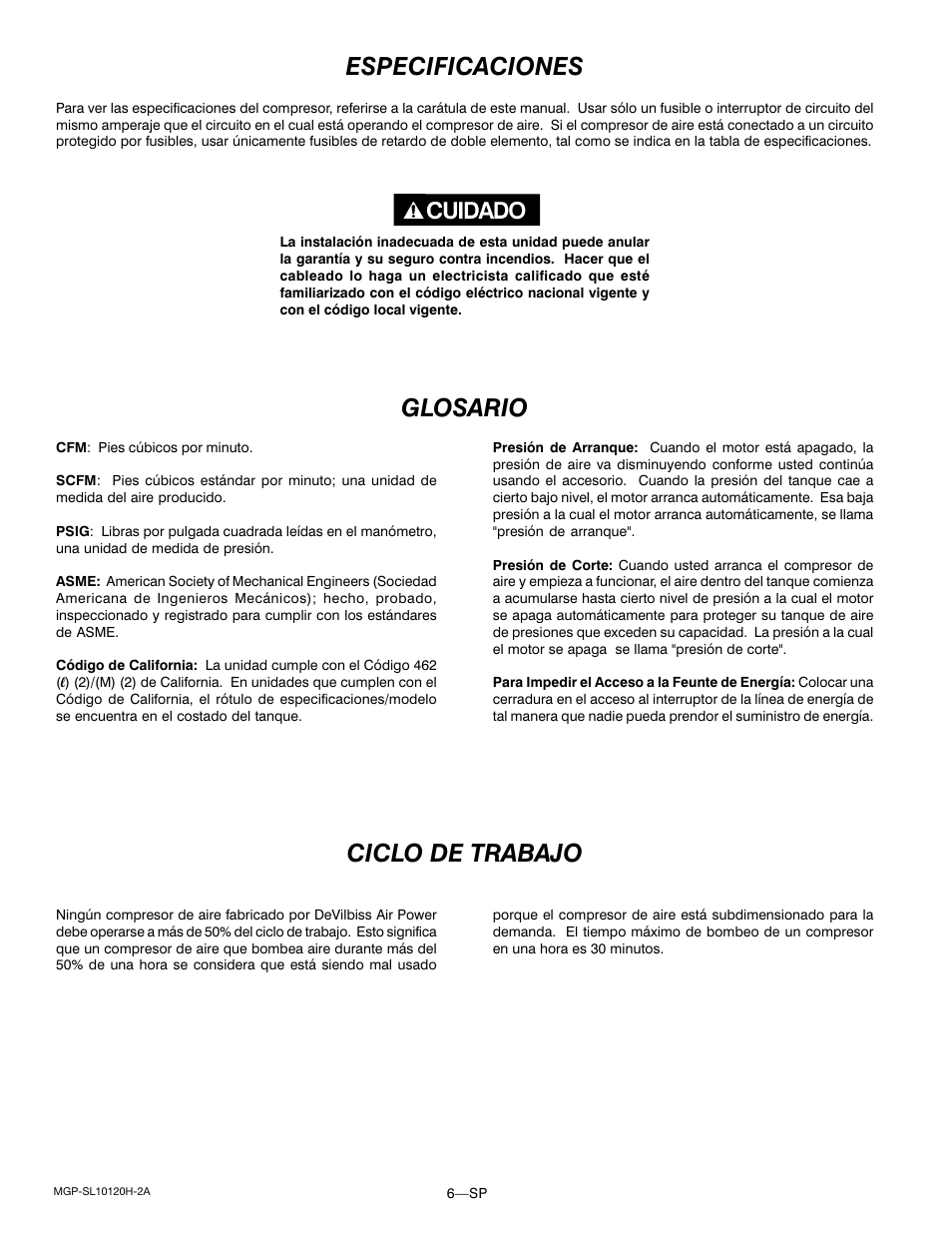 Especificaciones, Glosario, Ciclo de trabajo | DeVillbiss Air Power Company MGP-SL10120H-2A User Manual | Page 34 / 56