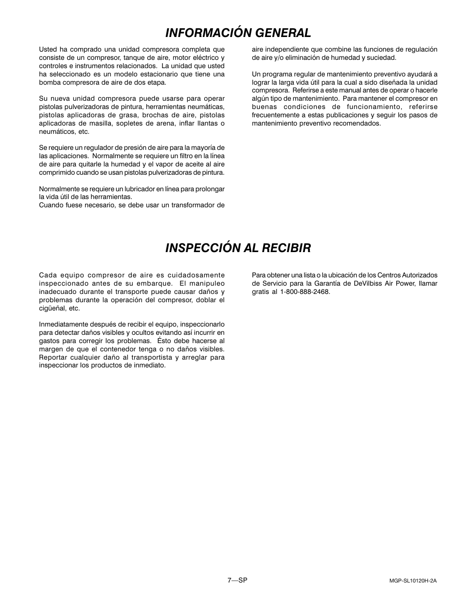 Información general inspección al recibir | DeVillbiss Air Power Company MGP-SL10120H-2A User Manual | Page 35 / 56