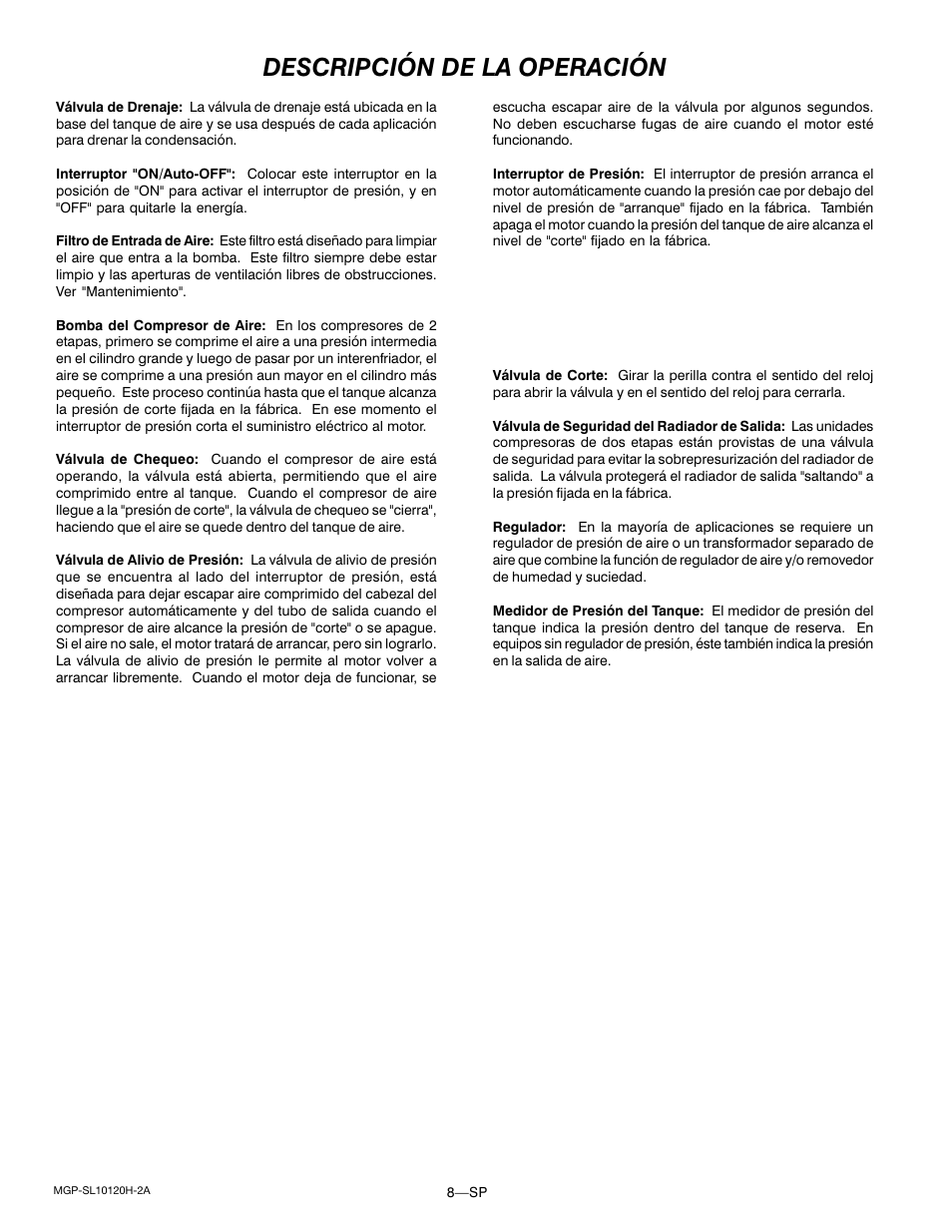 Descripción de la operación | DeVillbiss Air Power Company MGP-SL10120H-2A User Manual | Page 36 / 56