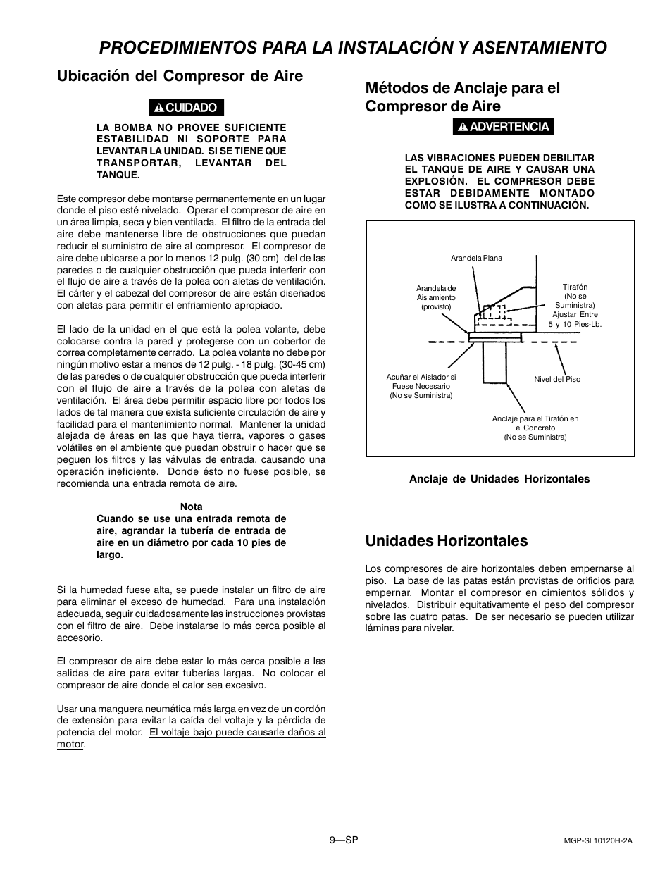 Procedimientos para la instalación y asentamiento, Ubicación del compresor de aire, Métodos de anclaje para el compresor de aire | Unidades horizontales | DeVillbiss Air Power Company MGP-SL10120H-2A User Manual | Page 37 / 56