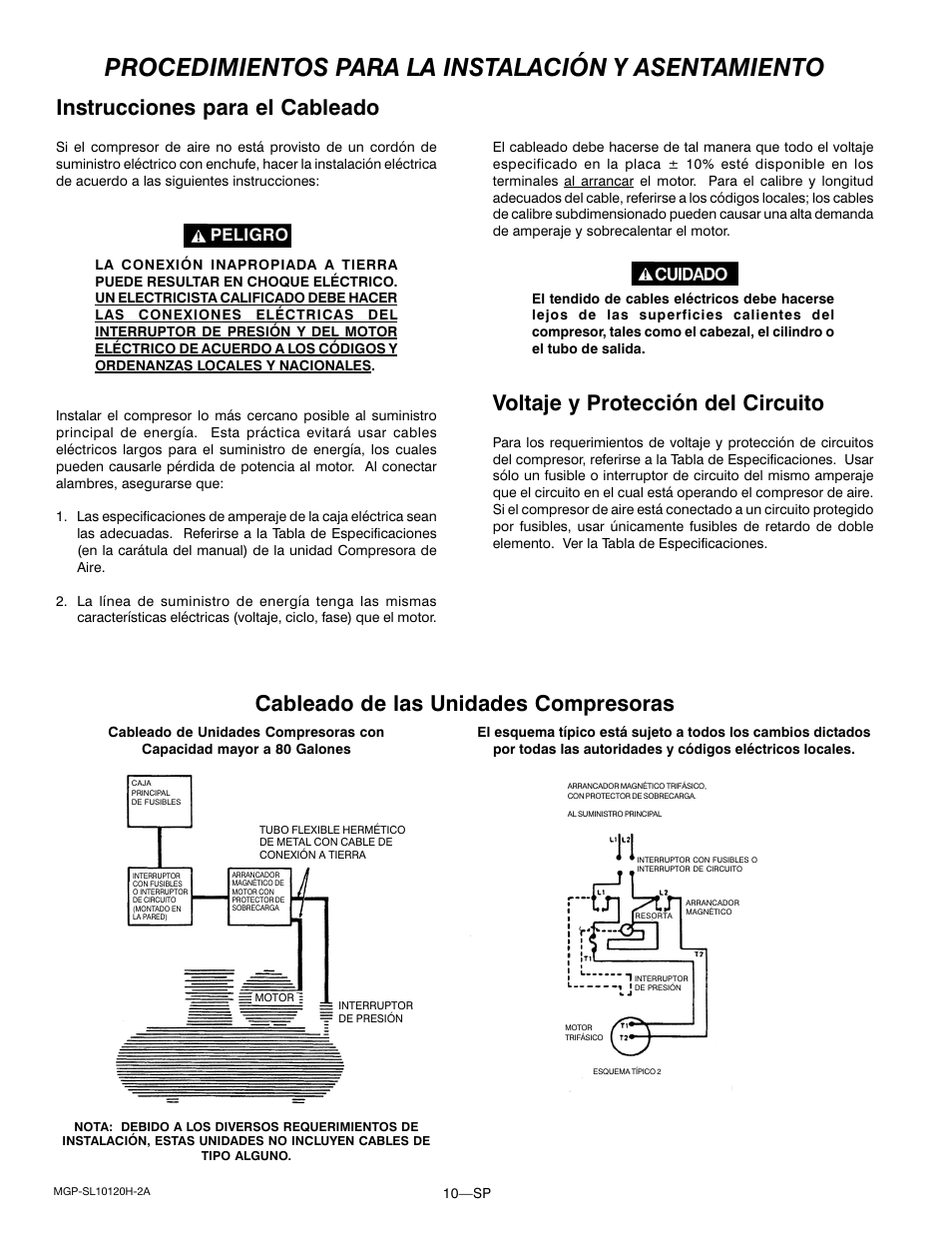 Procedimientos para la instalación y asentamiento, Instrucciones para el cableado, Voltaje y protección del circuito | Cableado de las unidades compresoras, Peligro | DeVillbiss Air Power Company MGP-SL10120H-2A User Manual | Page 38 / 56