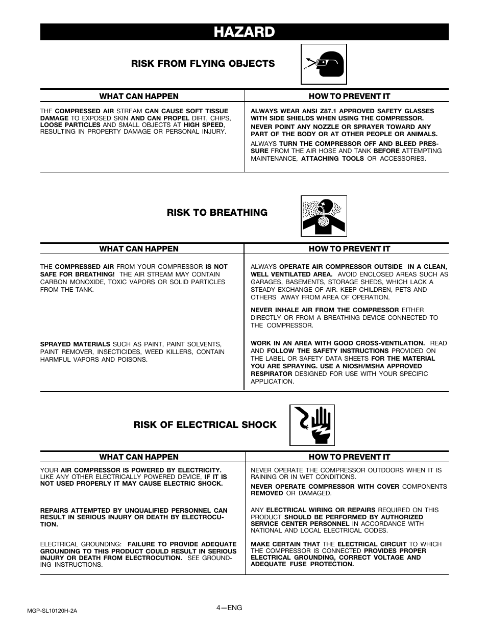 Hazard, Risk from flying objects, Risk to breathing | Risk of electrical shock | DeVillbiss Air Power Company MGP-SL10120H-2A User Manual | Page 4 / 56