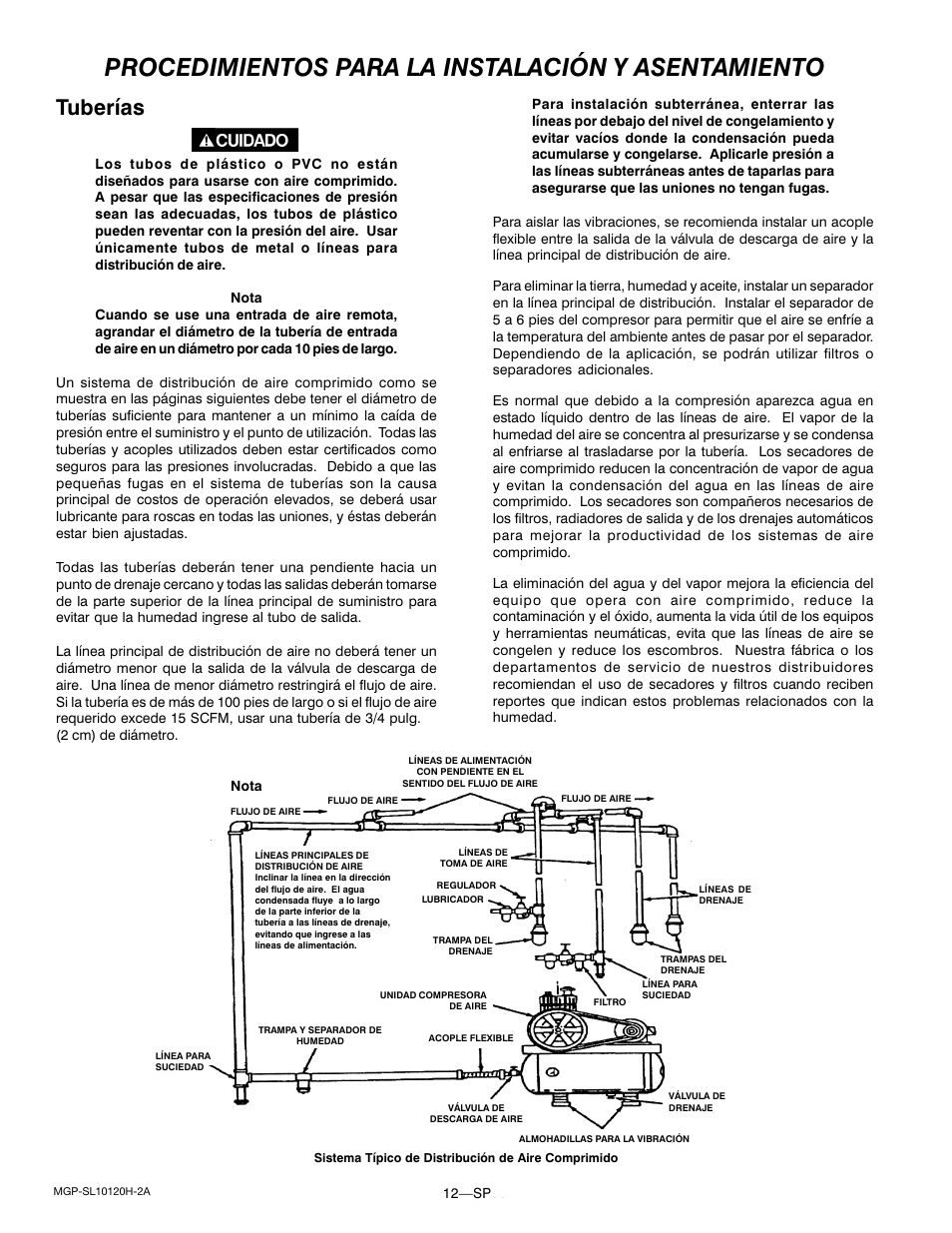 Procedimientos para la instalación y asentamiento, Tuberías | DeVillbiss Air Power Company MGP-SL10120H-2A User Manual | Page 40 / 56