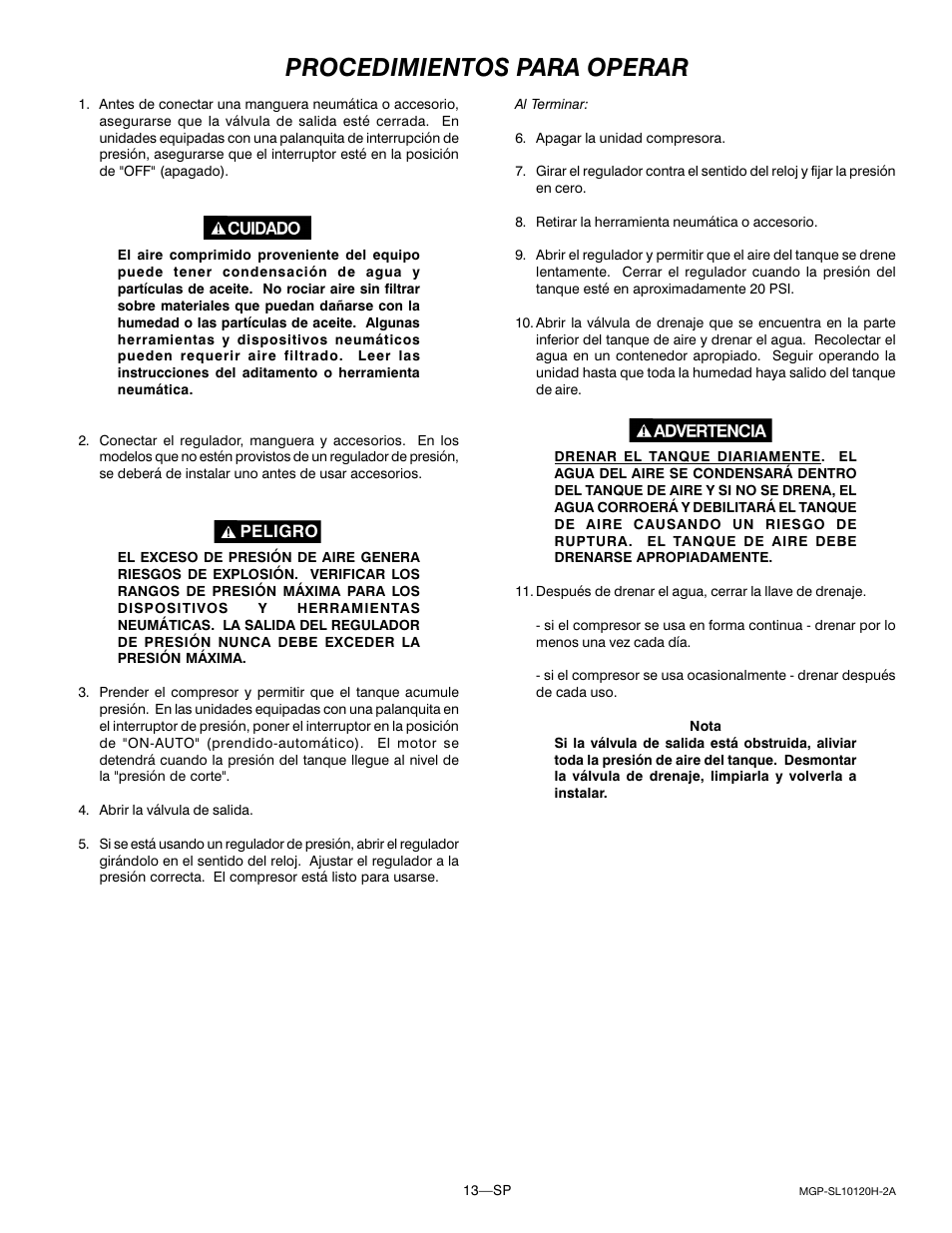 Procedimientos para operar | DeVillbiss Air Power Company MGP-SL10120H-2A User Manual | Page 41 / 56