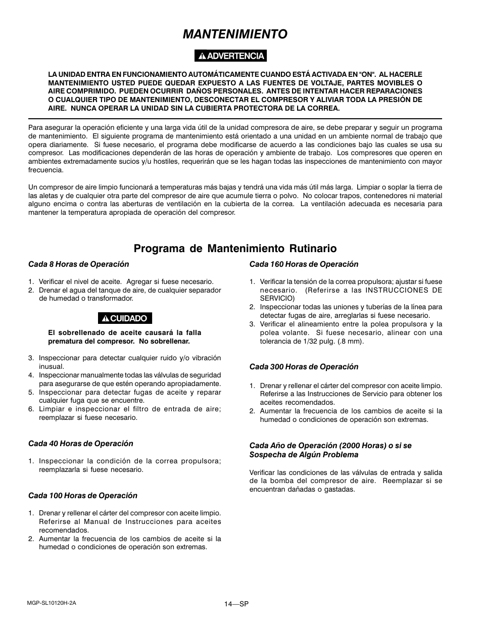 Mantenimiento, Programa de mantenimiento rutinario | DeVillbiss Air Power Company MGP-SL10120H-2A User Manual | Page 42 / 56