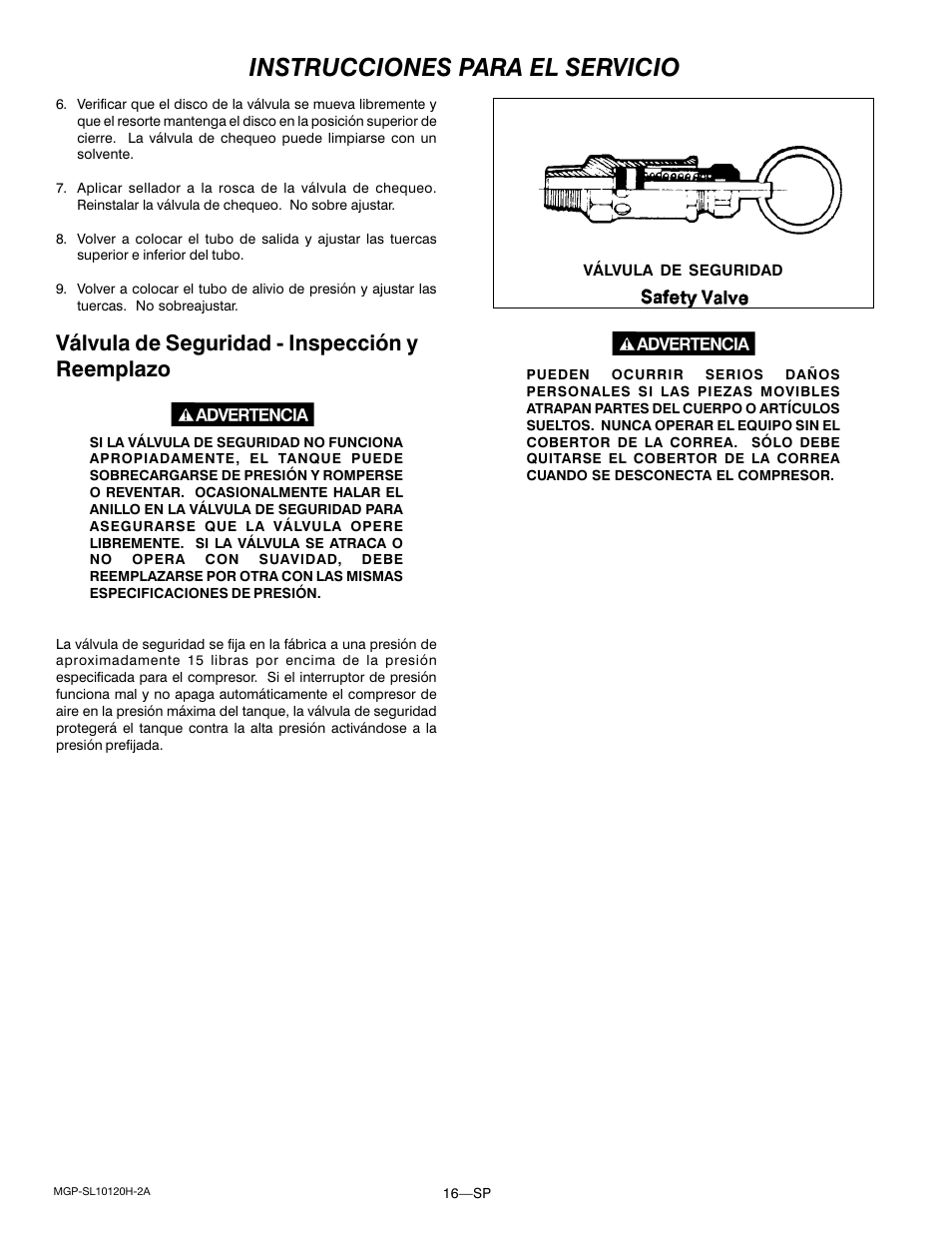 Instrucciones para el servicio, Válvula de seguridad - inspección y reemplazo | DeVillbiss Air Power Company MGP-SL10120H-2A User Manual | Page 44 / 56