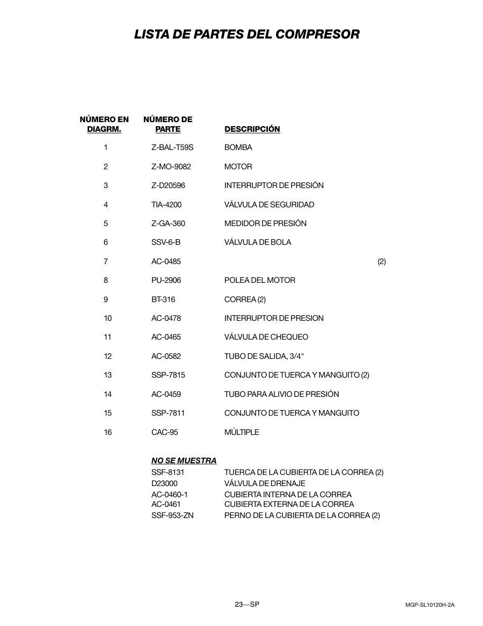 Lista de partes del compresor | DeVillbiss Air Power Company MGP-SL10120H-2A User Manual | Page 51 / 56