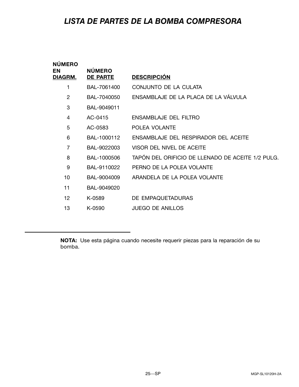 Lista de partes de la bomba compresora | DeVillbiss Air Power Company MGP-SL10120H-2A User Manual | Page 53 / 56