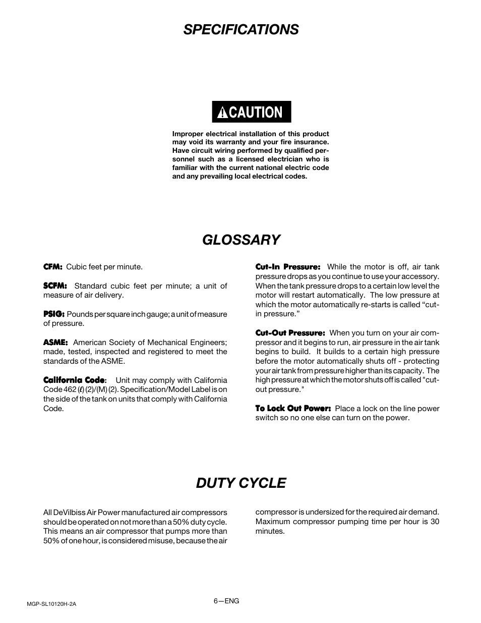 Specifications glossary, Duty cycle | DeVillbiss Air Power Company MGP-SL10120H-2A User Manual | Page 6 / 56
