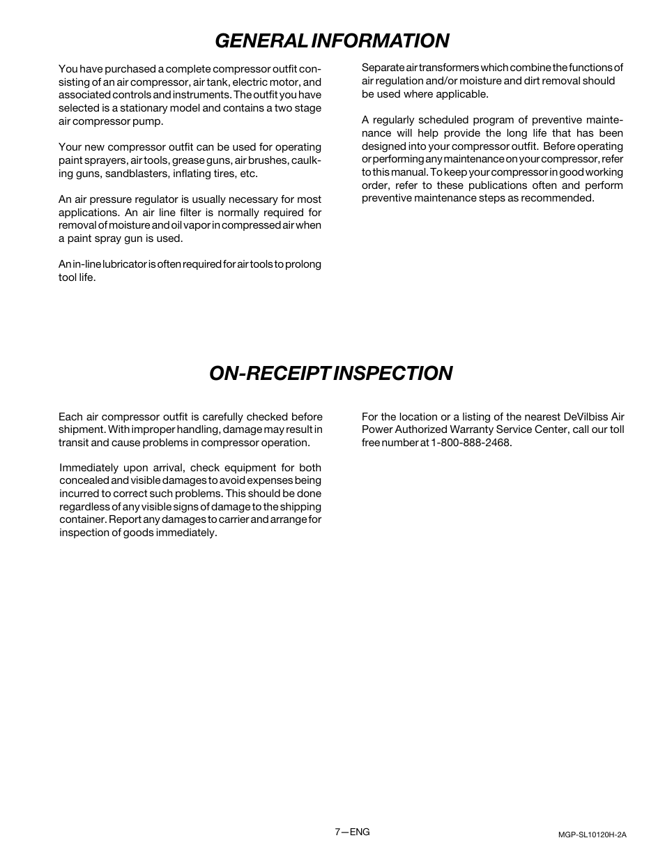 General information, On-receipt inspection | DeVillbiss Air Power Company MGP-SL10120H-2A User Manual | Page 7 / 56